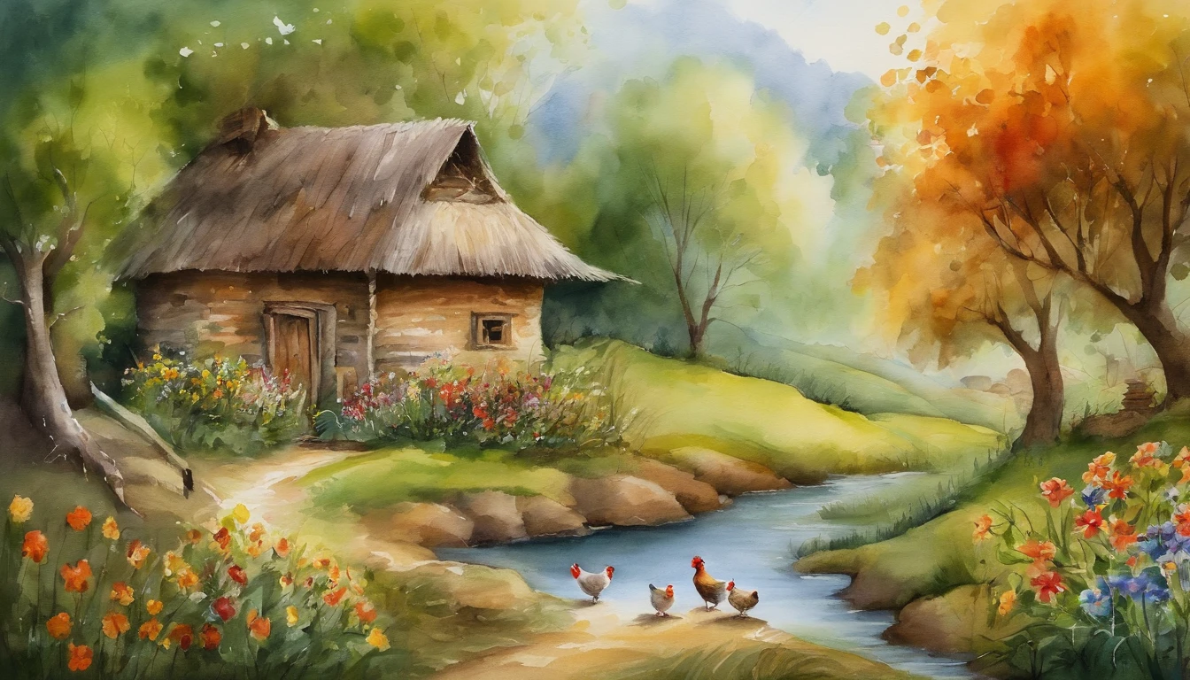 watercolor painting, There is a hut under the big tree, beside of the stream, children play with chickens in front of the hut, flowers and fence,