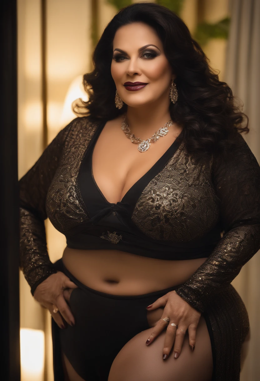 70 year old blck hair Married indian woemn,looking at the viewer, wearing shiny glossy and reflective finish polyester plus size ankle length transparent white silk leggings and transparent red bikkini ,red panties, big Fat ass, Voluptuous, wide hips,Big thighs, scooped Big breast, ,fat wide ass , thin curvy tummy, messy bun, lipstic, smiling face,strap high heels, Jewellery, sitting on knees in sofa, ornaments, white skin tone, clean skin, ( back view)