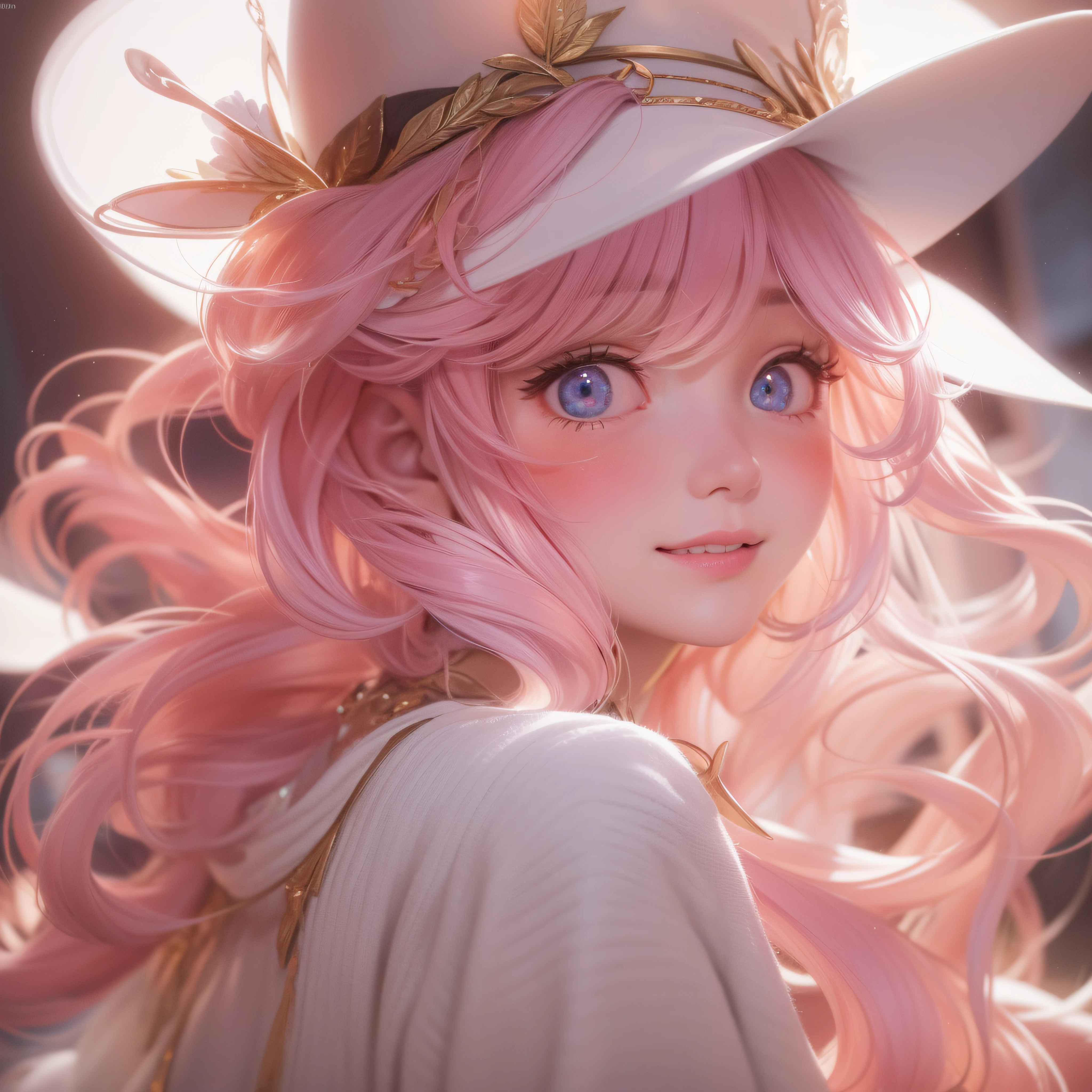 Close up of a smile with the corners of the mouth raised、Hat Costume、Cosplay、(realisitic、hight resolution)、(1 girl in)、Do-Up Eye、Korean Girl、(Best Quality), (masutepiece), (1girl in), Solo, a beauty girl, Perfect face, dreamlikeart、Highly detailed airbrush art((Surreal))、Volumetric lighting、(top-quality)、The ultra-detailliert、(The composition of the movement:1.4)、Highly detailed colorful details、(Bright lighting)、dynamic compositions、Ray traching、The mirror reflects light、Shallow depth of field、ultra-detailliert、mixing exposure、nffsw、Her eyes are glowing pink、Staring at Pink。Her pink face is full of anticipation and courage、A smile appears on the lips。 At the rear、The sun is slowly tilting to the west。Its light brings light、Producing a beautiful scene that shakes。Her eyes are clearly glowing pink。Lots of pink