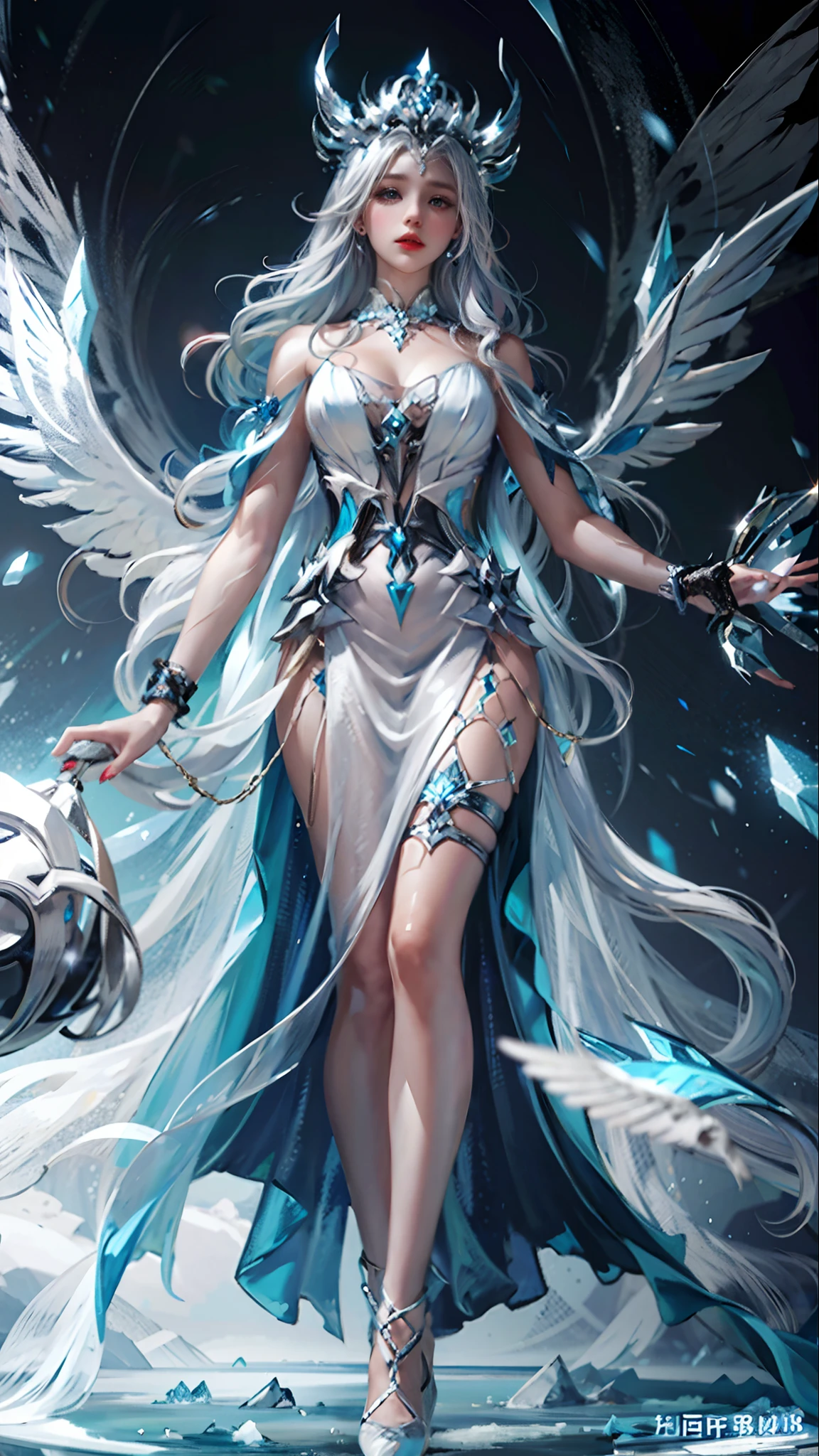 Queen of Ice，Ice blue clothes，Ice blue wings，white color hair，tiara crown，white thighhig，high-heels，Bumpy figure，