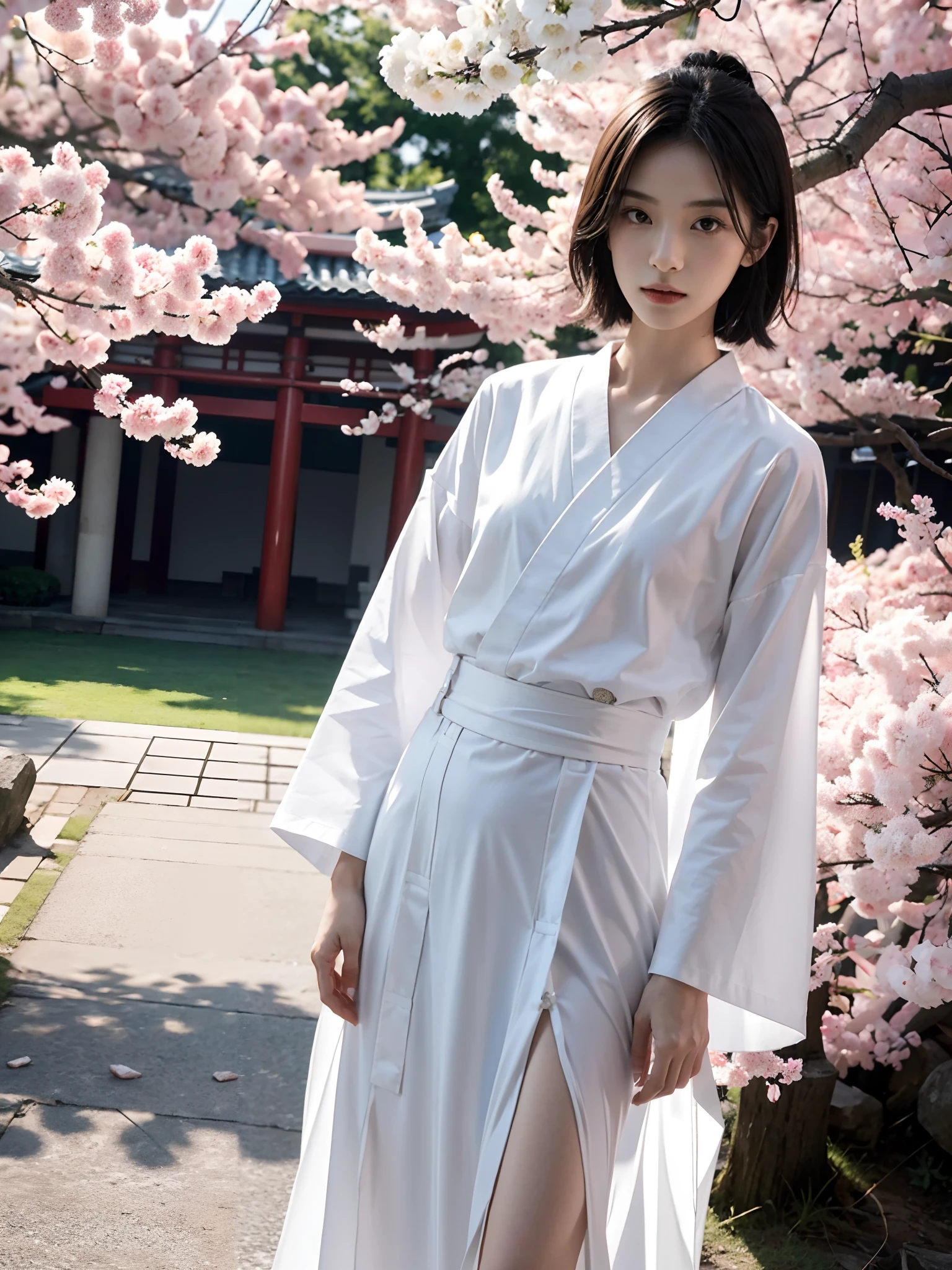 ((Small lower chest,Tomboyish,small heads)),  (short-length straighthair: 1.2), Black hair，Upper body,（极其细致的CG 8k壁纸），（Extremely refined and beautiful），（Masterpiece），（best qualtiy：1.0），（超高分辨率：1.0），beautiful light up，Perfect lightning，realistic shaded，[A high resolution]，Smooth and flawless fair skin，ultra - detailed ，Elongated legs，(Small breasts:1.1)，Flat chest，Slim，emaciated，slender waist，serious，Mighty，（a seven quarter sleeved white kendogi:1.1），（maxi red kendo hakama：1.1），white short socks, geta，spring，night，In front of a tall giantic Japanese castle，sakura blooms，standing，outside，Tree-lined roadsides，Close-up，a long samurai katana in hands