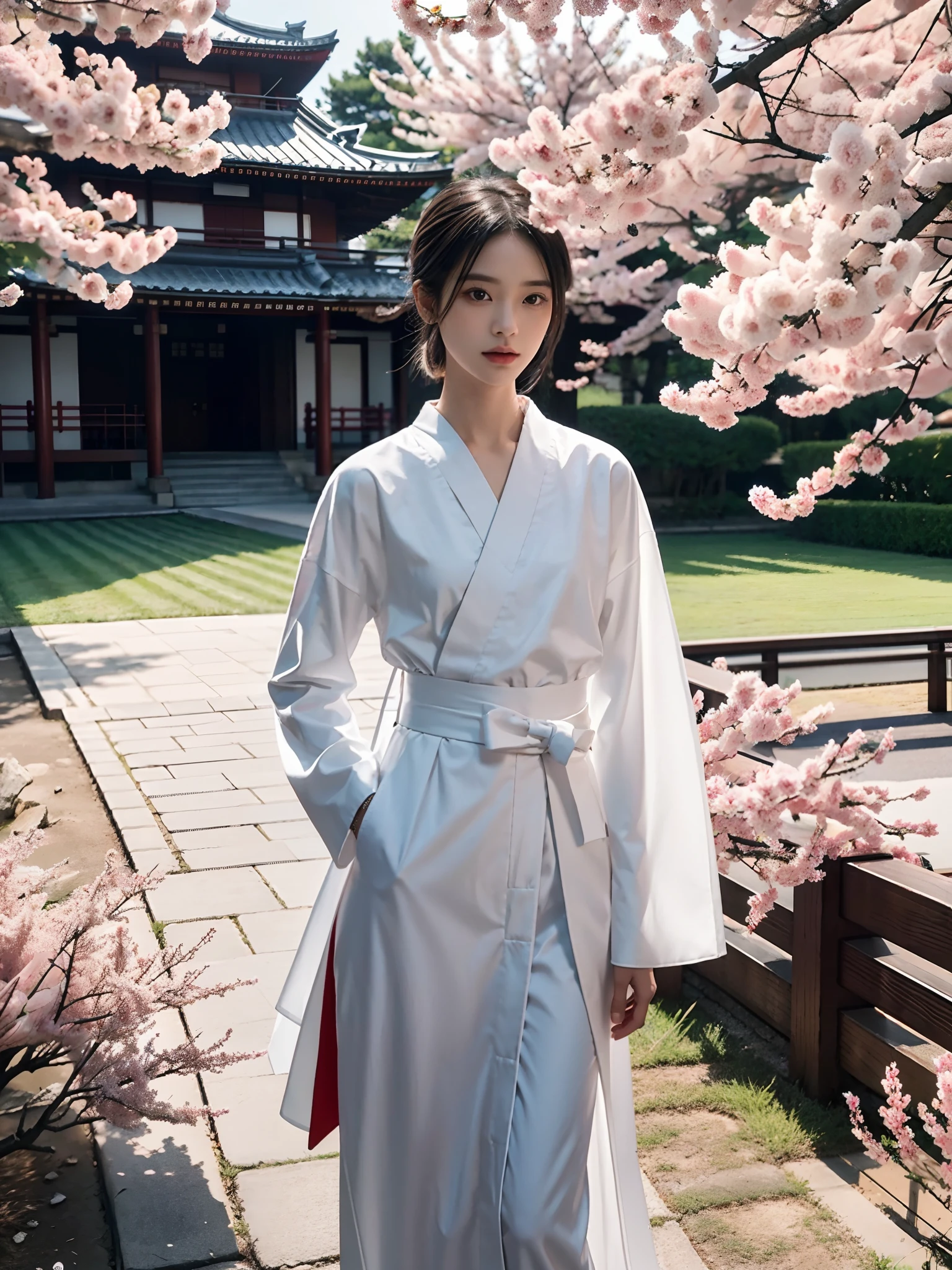 ((Small lower chest,Tomboyish,small heads)),  (short-length straighthair: 1.2), Black hair，Upper body,（极其细致的CG 8k壁纸），（Extremely refined and beautiful），（Masterpiece），（best qualtiy：1.0），（超高分辨率：1.0），beautiful light up，Perfect lightning，realistic shaded，[A high resolution]，Smooth and flawless fair skin，ultra - detailed ，Elongated legs，(Small breasts:1.1)，Flat chest，Slim，emaciated，slender waist，serious，Mighty，（a seven quarter sleeved white kendogi:1.1），（maxi red kendo hakama：1.1），white short socks, geta，spring，night，In front of a tall giantic Japanese castle，sakura blooms，standing，outside，Tree-lined roadsides，Close-up，a long samurai katana in hands