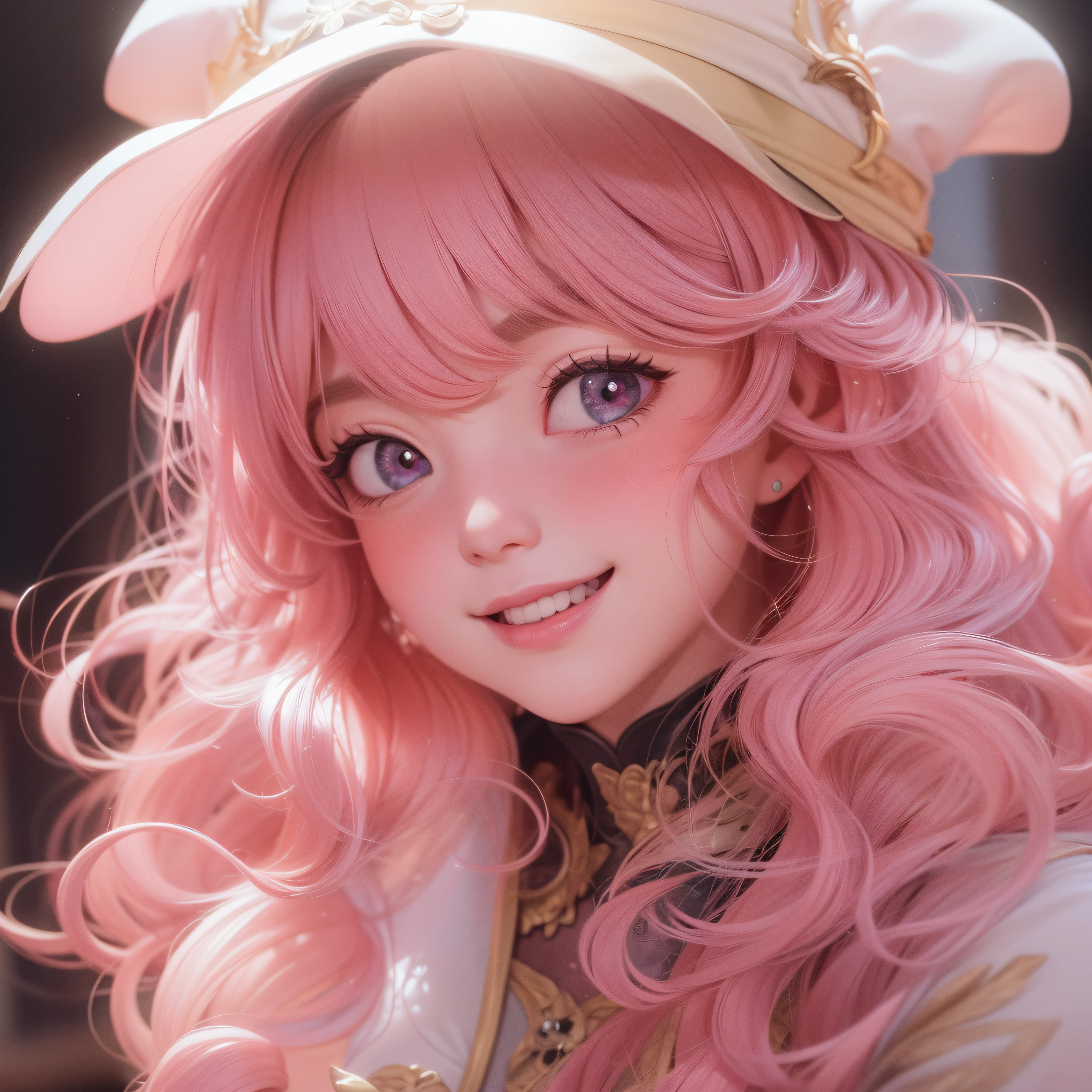Close up of a smile with the corners of the mouth raised、Hat Costume、Cosplay、(realisitic、hight resolution)、(1 girl in)、Do-Up Eye、Korean Girl、(Best Quality), (masutepiece), (1girl in), Solo, a beauty girl, Perfect face, dreamlikeart、Highly detailed airbrush art((Surreal))、Volumetric lighting、(top-quality)、The ultra-detailliert、(The composition of the movement:1.4)、Highly detailed colorful details、(Bright lighting)、dynamic compositions、Ray traching、The mirror reflects light、Shallow depth of field、ultra-detailliert、mixing  exposure、nffsw、Her eyes are glowing pink、Staring at Pink。Her pink face is full of anticipation and courage、A smile appears on the lips。 At the rear、The sun is slowly tilting to the west。Its light brings light、Producing a beautiful scene that shakes。Her eyes are clearly glowing pink。Lots of pink