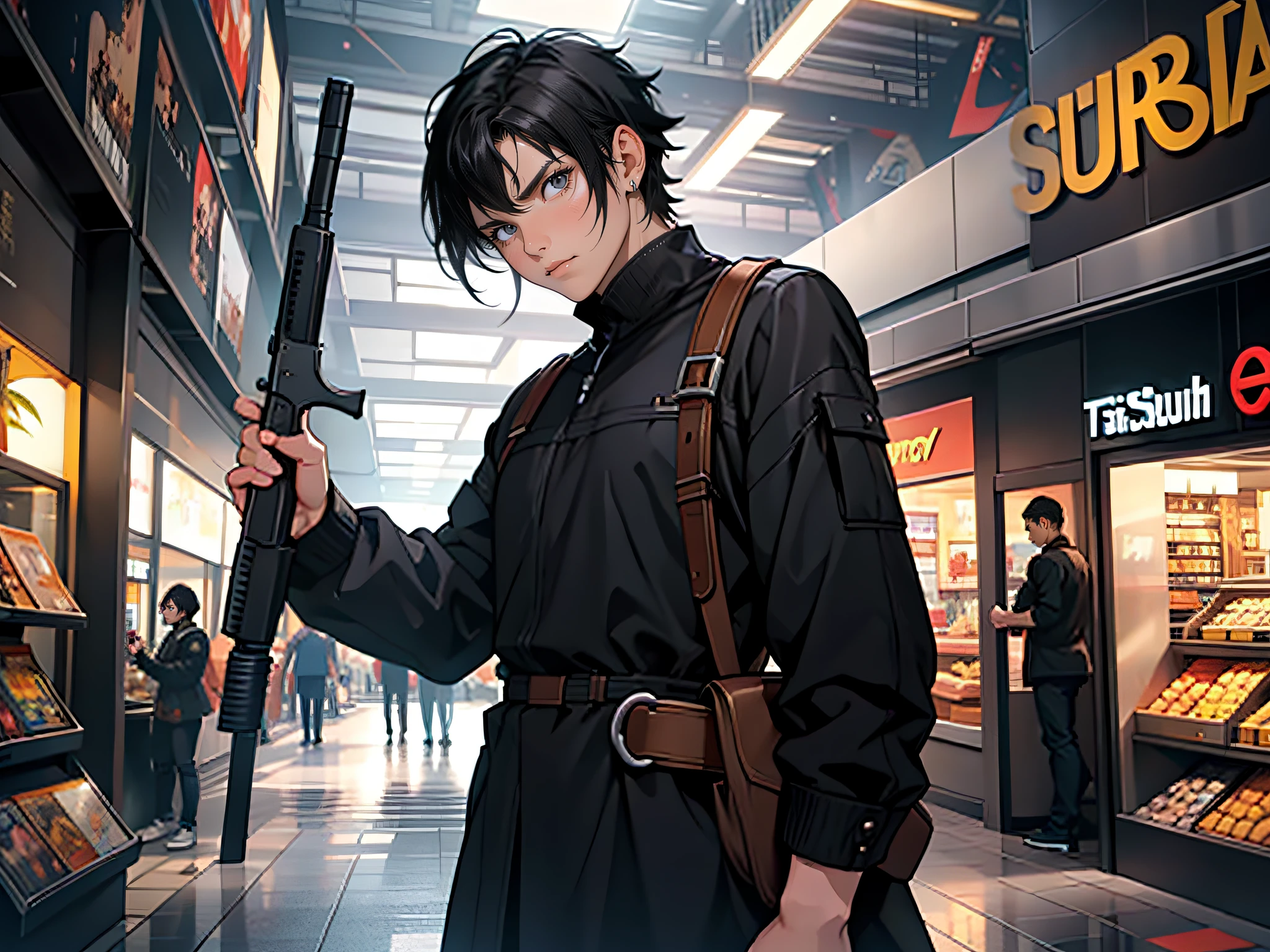 of a guy,with short black hair,Black tunic,serious expressions,holding a gun in her hand,in mall,whole body display