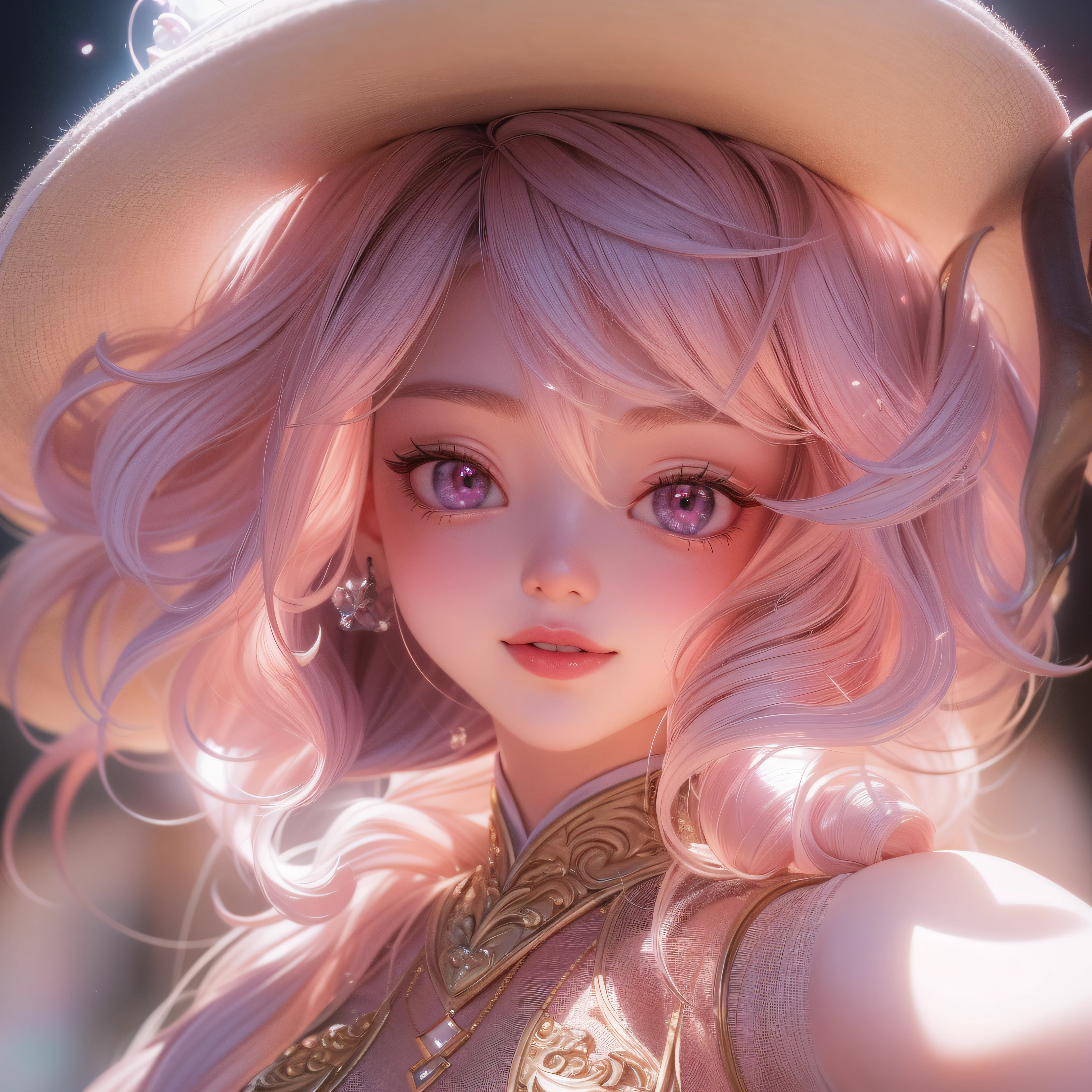 Close up of a smile with the corners of the mouth raised、Hat Costume、Cosplay、(realisitic、hight resolution)、(1 girl in)、Do-Up Eye、Korean Girl、(Best Quality), (masutepiece), (1girl in), Solo, a beauty girl, Perfect face, dreamlikeart、Highly detailed airbrush art((Surreal))、Volumetric lighting、(top-quality)、The ultra-detailliert、(The composition of the movement:1.4)、Highly detailed colorful details、(Bright lighting)、dynamic compositions、Ray traching、The mirror reflects light、Shallow depth of field、ultra-detailliert、mixing exposure、nffsw、Her eyes are glowing pink、Staring at Pink。Her pink face is full of anticipation and courage、A smile appears on the lips。 At the rear、The sun is slowly tilting to the west。Its light brings light、Producing a beautiful scene that shakes。Her eyes are clearly glowing pink。Lots of pink
