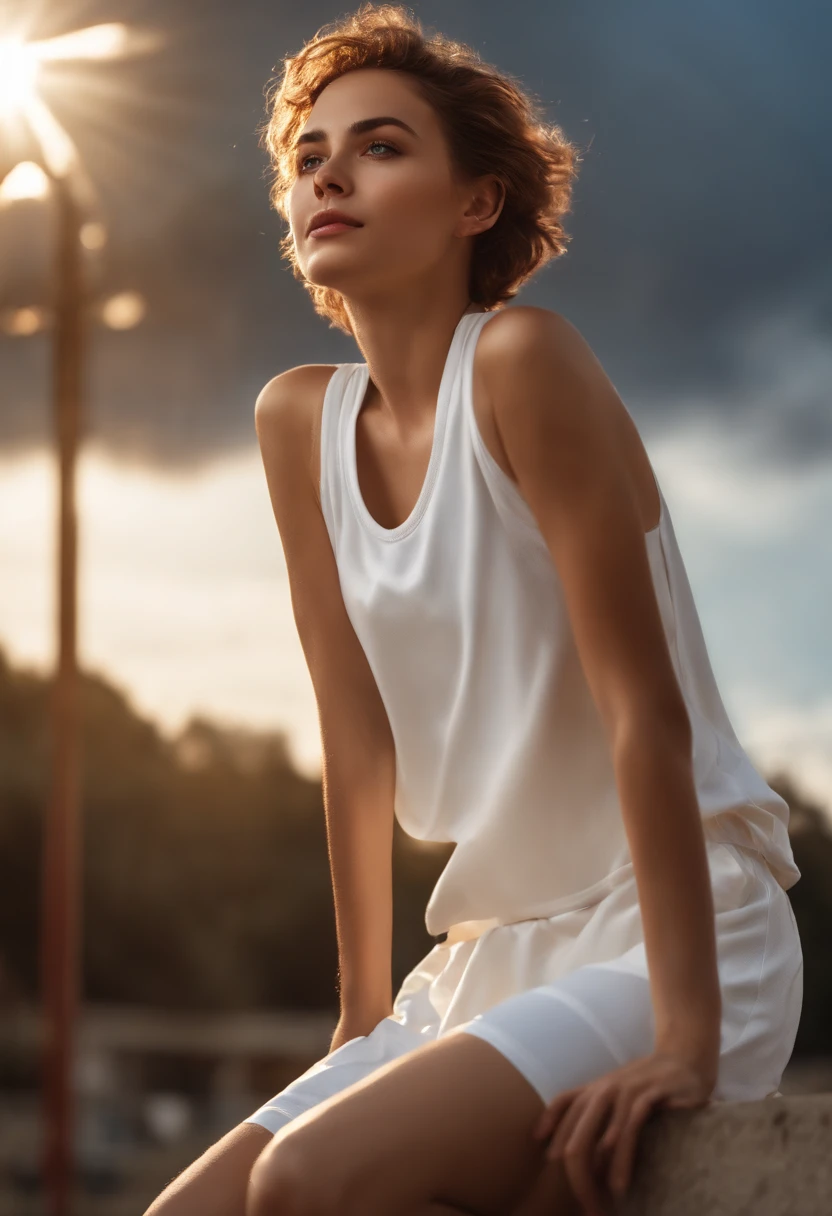 ((of the highest quality, 8K,Raw photo)), (Realistic, Photorealistic: 1.37), (Face Focus: 1.1), Small breasts, flat chest, Short hair, (White clothes: 1.1), (Basketball Uniforms)、Skirt, Sitting, Arms up, From below, Sunlight, Movie Lighting, Beautiful girl with windblown hair in twilight sky