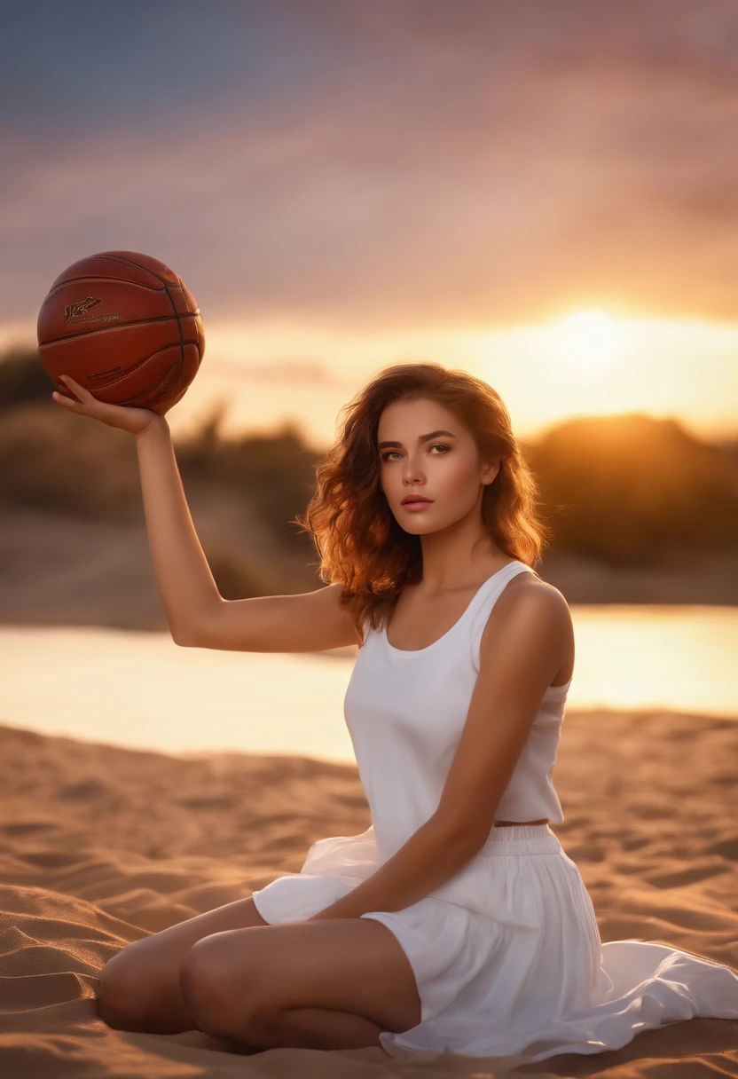 ((of the highest quality, 8K,Raw photo)), (Realistic, Photorealistic: 1.37), (Face Focus: 1.1), Small breasts, flat chest, Short hair, (White clothes: 1.1), (Basketball Uniforms)、Skirt, Sitting, Arms up, From below, Sunlight, Movie Lighting, Beautiful girl with windblown hair in twilight sky