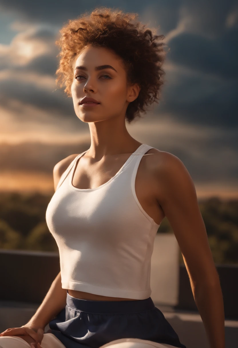 ((of the highest quality, 8K,Raw photo)), (Realistic, Photorealistic: 1.37), (Face Focus: 1.1), Small breasts, flat chest, Short hair, (White clothes: 1.1), (Basketball Uniforms)、Skirt, Sitting, Arms up, From below, Sunlight, Movie Lighting, Beautiful girl with windblown hair in twilight sky