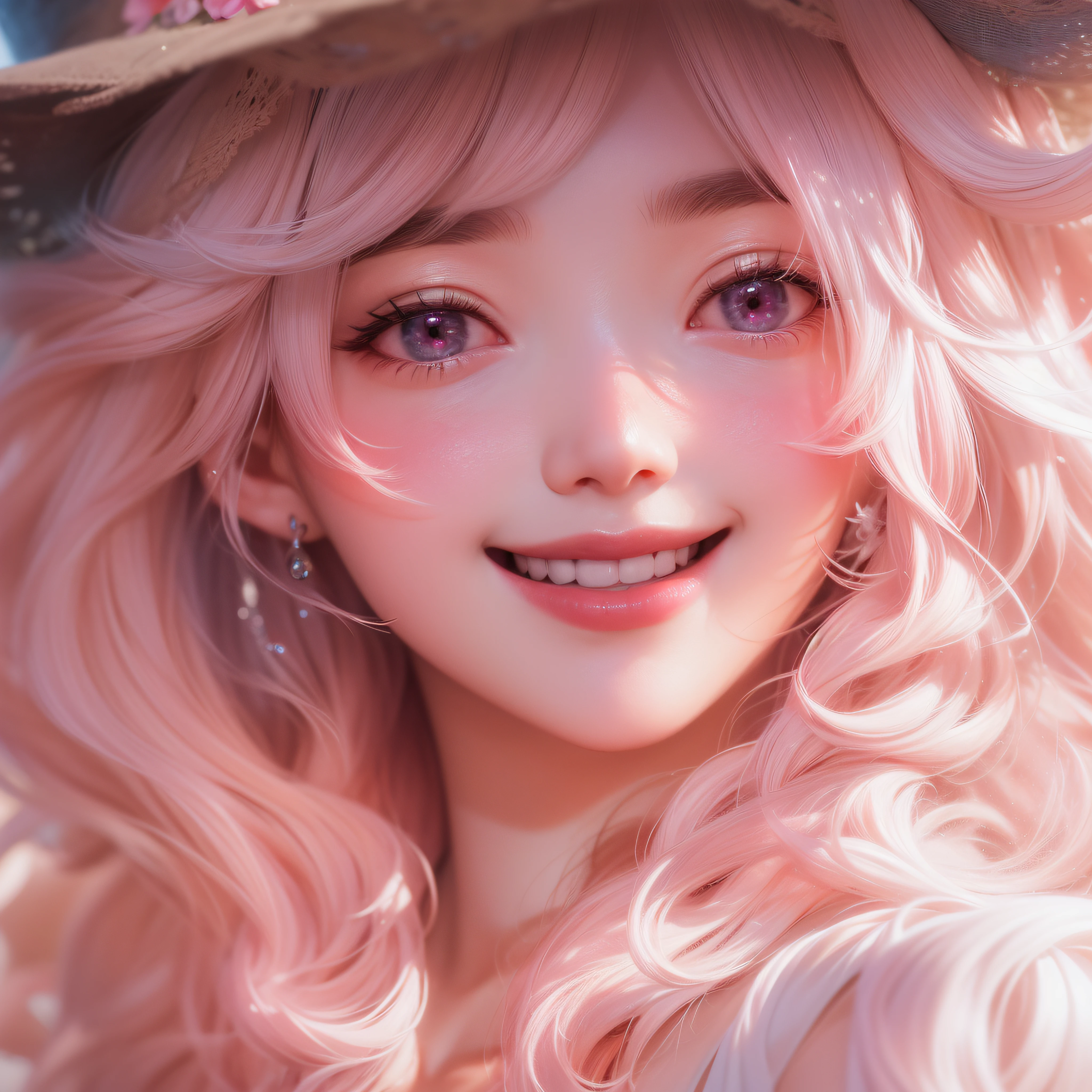 Close up of a smile with the corners of the mouth raised、Hat Costume、Cosplay、(realisitic、hight resolution)、(1 girl in)、Do-Up Eye、Korean Girl、(Best Quality), (masutepiece), (1girl in), Solo, a beauty girl, Perfect face, dreamlikeart、Highly detailed airbrush art((Surreal))、Volumetric lighting、(top-quality)、The ultra-detailliert、(The composition of the movement:1.4)、Highly detailed colorful details、(Bright lighting)、dynamic compositions、Ray traching、The mirror reflects light、Shallow depth of field、ultra-detailliert、mixing exposure、nffsw、Her eyes are glowing pink、Staring at Pink。Her pink face is full of anticipation and courage、A smile appears on the lips。 At the rear、The sun is slowly tilting to the west。Its light brings light、Producing a beautiful scene that shakes。Her eyes are clearly glowing pink。Lots of pink