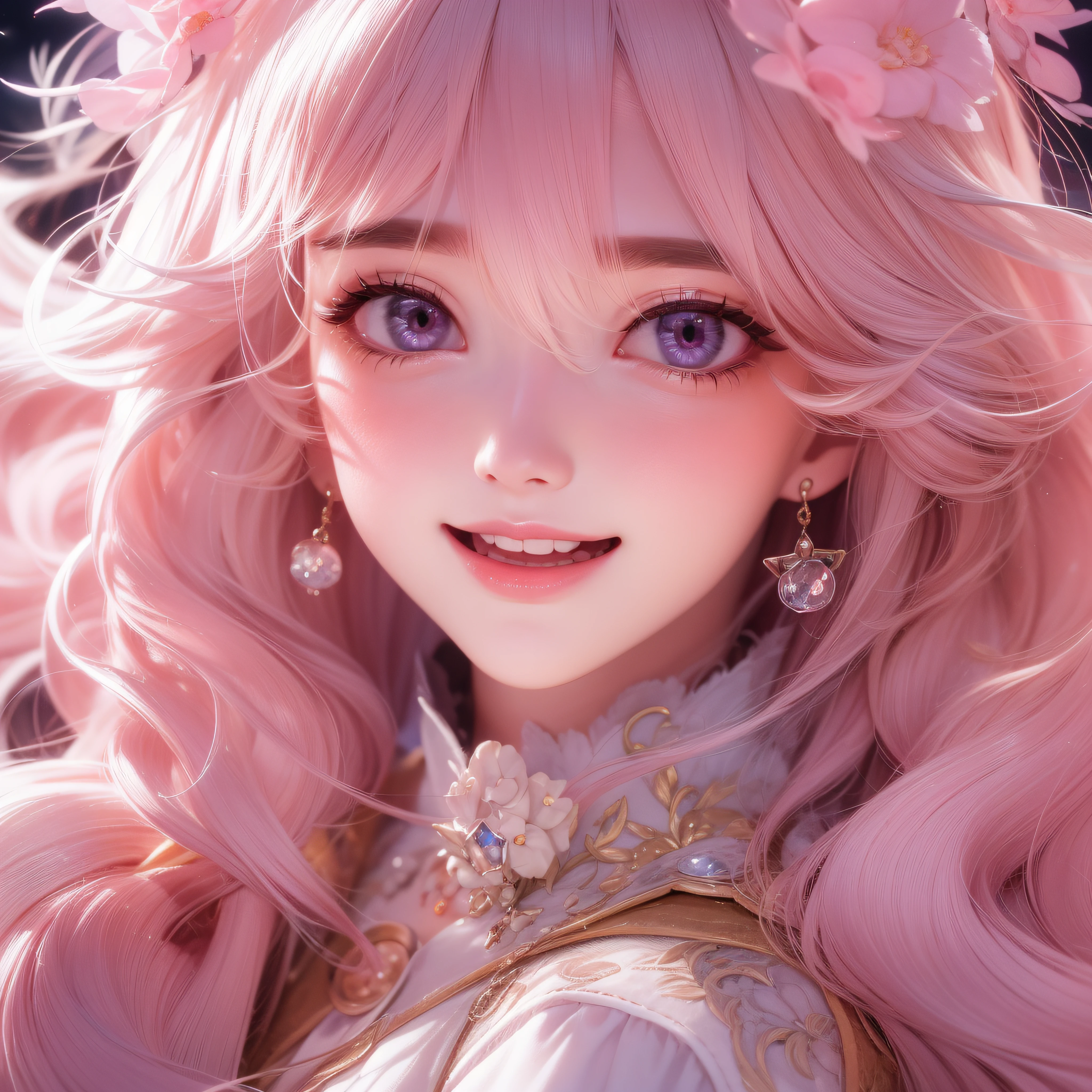 Close up of a smile with the corners of the mouth raised、Hat Costume、Cosplay、(realisitic、hight resolution)、(1 girl in)、Do-Up Eye、Korean Girl、(Best Quality), (masutepiece), (1girl in), Solo, a beauty girl, Perfect face, dreamlikeart、Highly detailed airbrush art((Surreal))、Volumetric lighting、(top-quality)、The ultra-detailliert、(The composition of the movement:1.4)、Highly detailed colorful details、(Bright lighting)、dynamic compositions、Ray traching、The mirror reflects light、Shallow depth of field、ultra-detailliert、mixing exposure、nffsw、Her eyes are glowing pink、Staring at Pink。Her pink face is full of anticipation and courage、A smile appears on the lips。 At the rear、The sun is slowly tilting to the west。Its light brings light、Producing a beautiful scene that shakes。Her eyes are clearly glowing pink。Lots of pink
