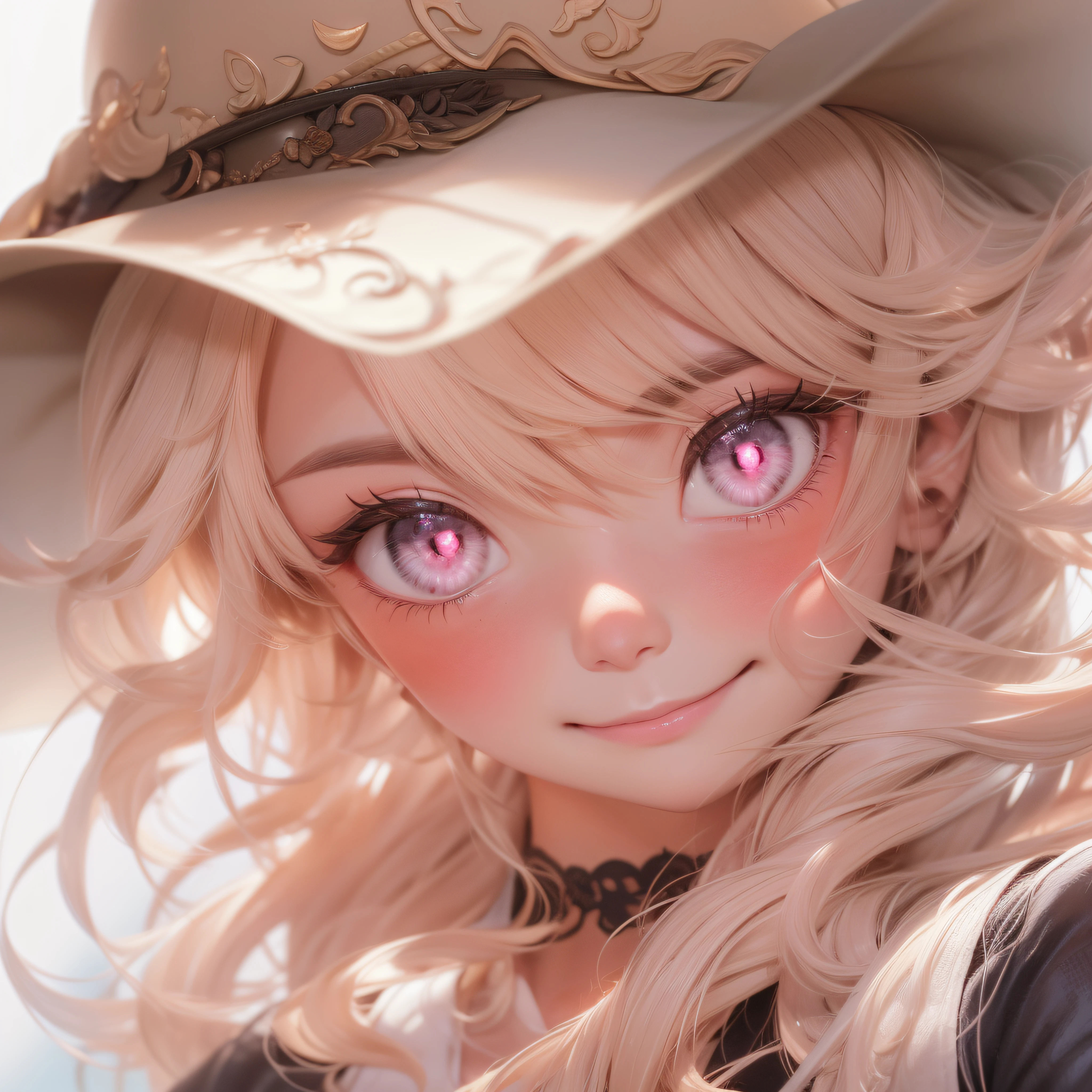 Close up of a smile with the corners of the mouth raised、Hat Costume、Cosplay、(realisitic、hight resolution)、(1 girl in)、Do-Up Eye、Korean Girl、(Best Quality), (masutepiece), (1girl in), Solo, a beauty girl, Perfect face, dreamlikeart、Highly detailed airbrush art((Surreal))、Volumetric lighting、(top-quality)、The ultra-detailliert、(The composition of the movement:1.4)、Highly detailed colorful details、(Bright lighting)、dynamic compositions、Ray traching、The mirror reflects light、Shallow depth of field、ultra-detailliert、mixing exposure、nffsw、Her eyes are glowing pink、Staring at Pink。Her pink face is full of anticipation and courage、A smile appears on the lips。 At the rear、The sun is slowly tilting to the west。Its light brings light、Producing a beautiful scene that shakes。Her eyes are clearly glowing pink。Lots of pink