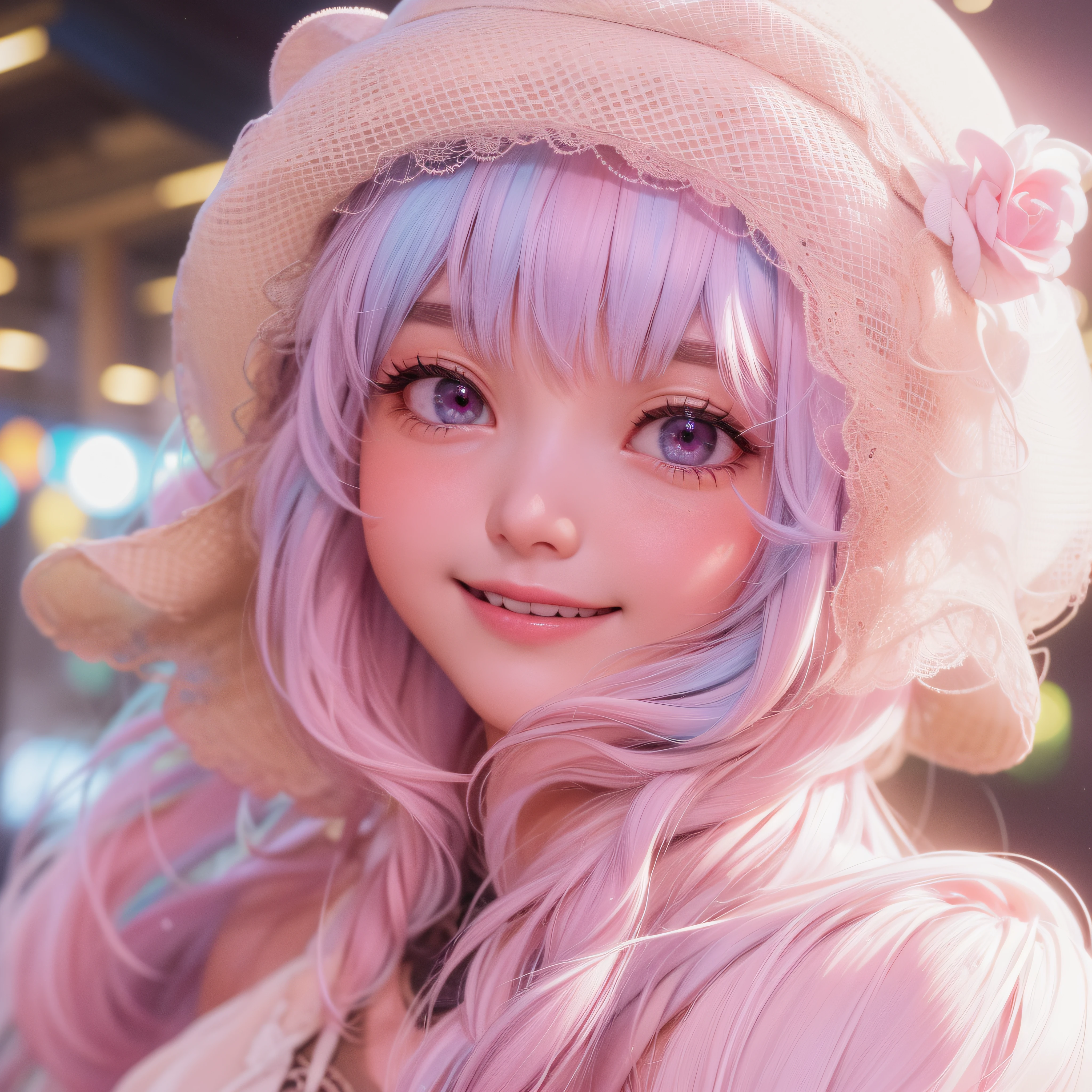 Close up of a smile with the corners of the mouth raised、Hat Costume、Cosplay、(realisitic、hight resolution)、(1 girl in)、Do-Up Eye、Korean Girl、(Best Quality), (masutepiece), (1girl in), Solo, a beauty girl, Perfect face, dreamlikeart、Highly detailed airbrush art((Surreal))、Volumetric lighting、(top-quality)、The ultra-detailliert、(The composition of the movement:1.4)、Highly detailed colorful details、(Bright lighting)、dynamic compositions、Ray traching、The mirror reflects light、Shallow depth of field、ultra-detailliert、mixing exposure、nffsw、Her eyes are glowing pink、Staring at Pink。Her pink face is full of anticipation and courage、A smile appears on the lips。 At the rear、The sun is slowly tilting to the west。Its light brings light、Producing a beautiful scene of swaying。Her eyes are clearly glowing pink。Lots of pink