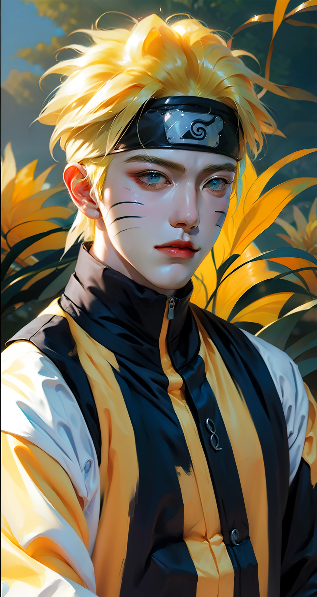 1man, naruto in anime naruto, short hair, yellow hair, blue eyes, smile, handsome, orange clothes, realistic clothes, detail clothes, outdoor background, ultra detail, realistic