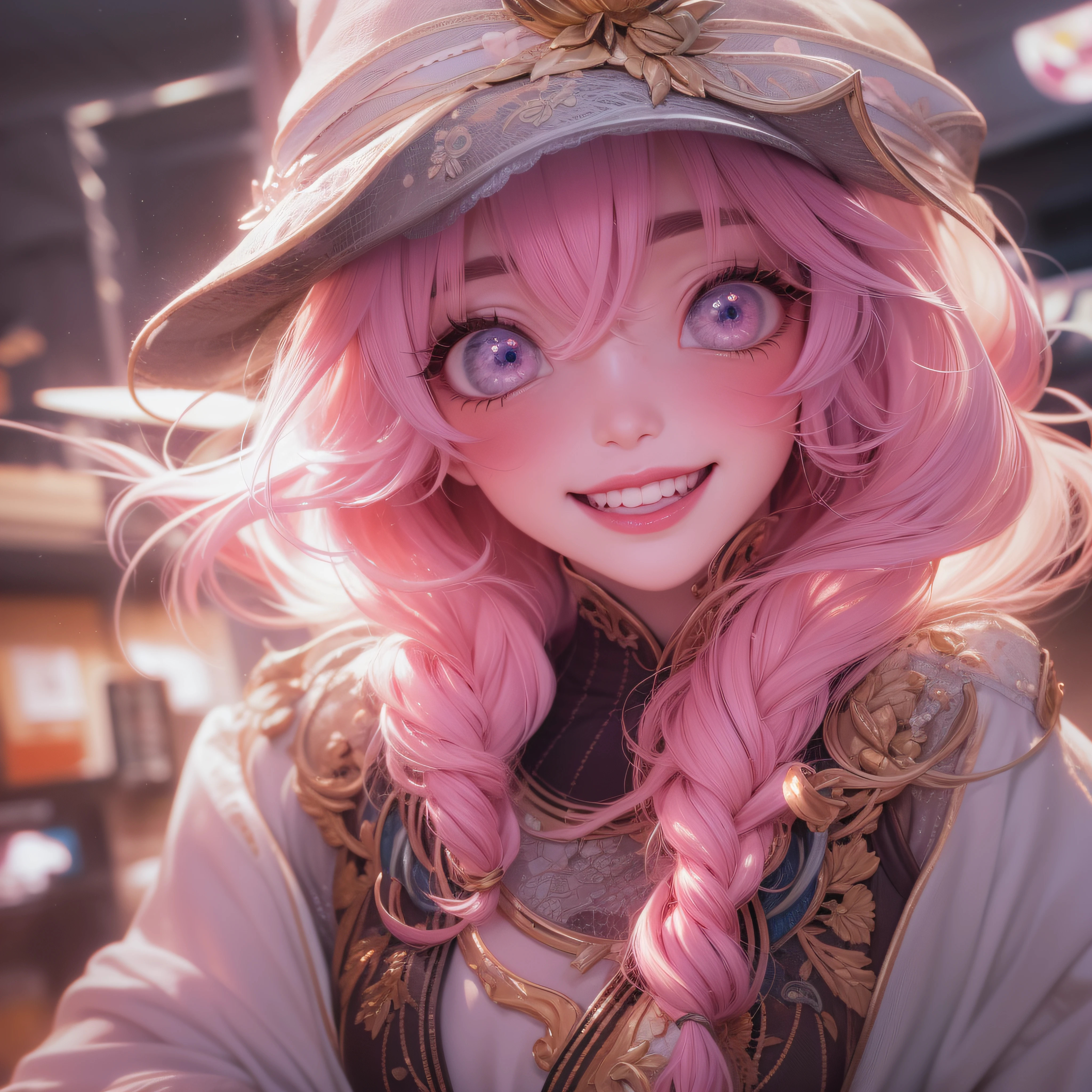 Close up of a smile with the corners of the mouth raised、Hat Costume、Cosplay、(realisitic、hight resolution)、(1 girl in)、Do-Up Eye、Korean Girl、(Best Quality), (masutepiece), (1girl in), Solo, a beauty girl, Perfect face, dreamlikeart、Highly detailed airbrush art((Surreal))、Volumetric lighting、(top-quality)、The ultra-detailliert、(The composition of the movement:1.4)、Highly detailed colorful details、(Bright lighting)、dynamic compositions、Ray traching、The mirror reflects light、Shallow depth of field、ultra-detailliert、mixing exposure、nffsw、Her eyes are glowing pink、Staring at Pink。Her pink face is full of anticipation and courage、A smile appears on the lips。 At the rear、The sun is slowly tilting to the west。Its light brings light、Producing a beautiful scene of swaying。Her eyes are clearly glowing pink。Lots of pink