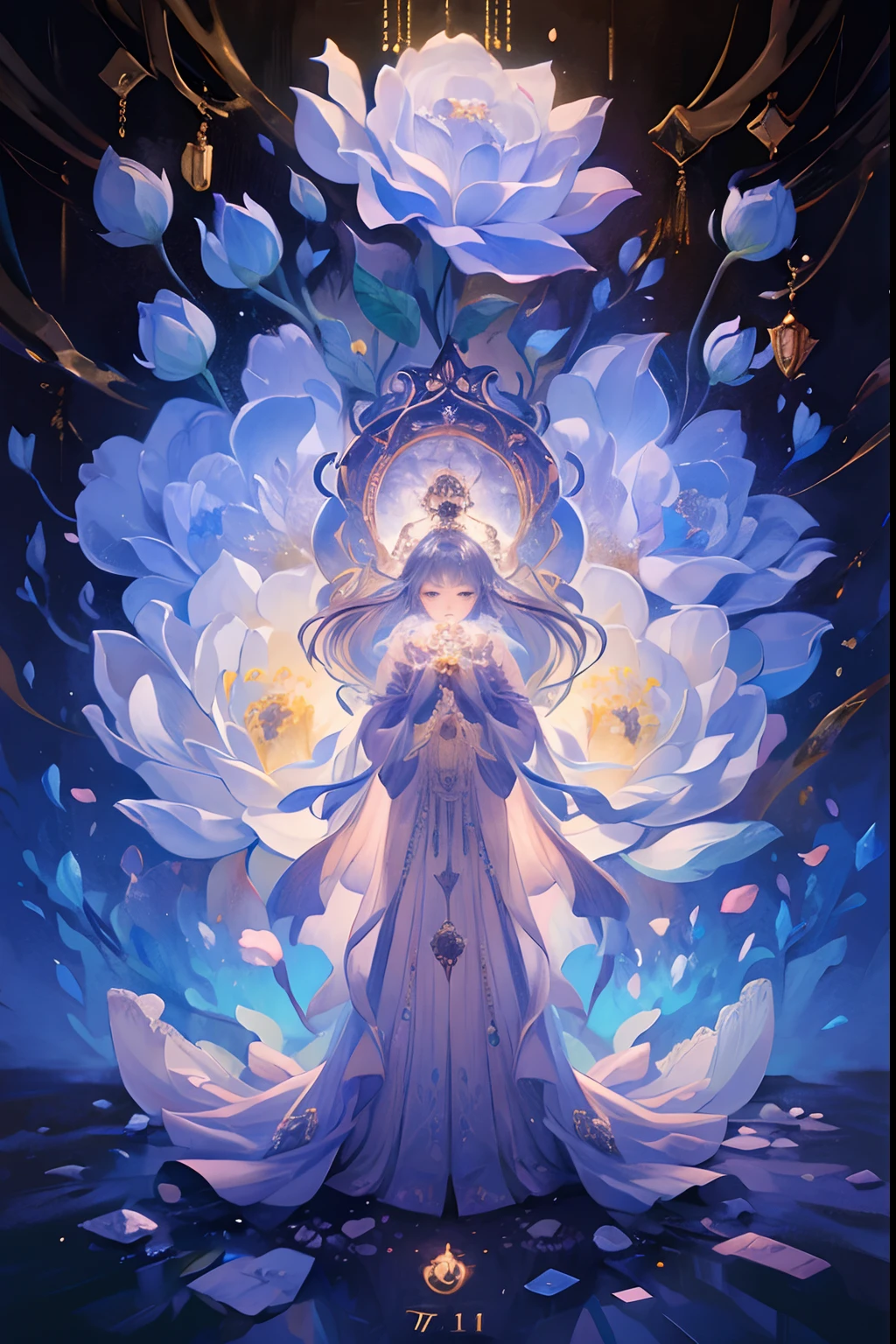 [Tarot cards:1.4]，Symmetrical up and down，Kizi，full bodyesbian，Fold your hands，Flowers bloom，（Extremely detailed:1.1），tmasterpiece，super-fine，best qualtiy，8K