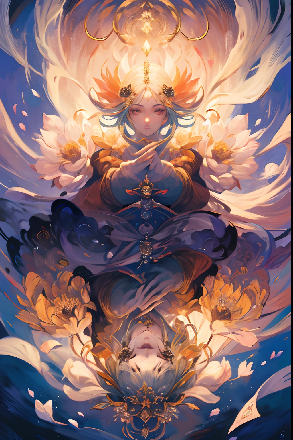 [Tarot cards:1.4]，Symmetrical up and down，Kizi，full bodyesbian，Fold your hands，Flowers bloom，（Extremely detailed:1.1），tmasterpiece，super-fine，best qualtiy，8K