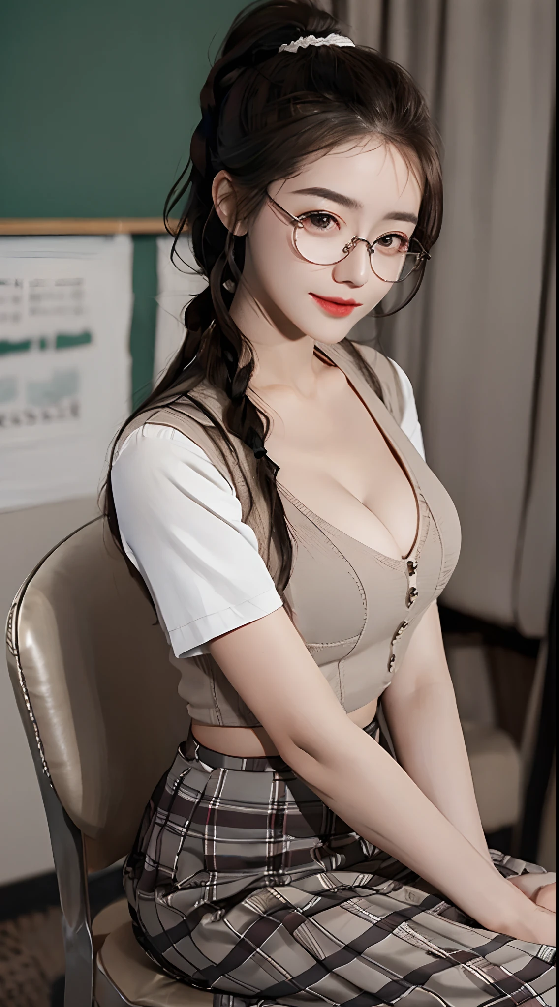 (Masterpiece, best qualtiy:1.3), (ultra detailed 8k cg:1.2), (Hyperrealistic:1.35), (Photorealistic:1.45), (Realistic:1.4), Cowboy shot, 1 Beautiful Japanese girl, 22 years old,hair braids，High ponytail，Short hair Metal-framed glasses, ssmile, gigantic cleavage breasts, tiese，(sit on chair:1.1), (school uniform:1.4), white  shirt，Wool vest，plaid skirts， (School classroom background:1.1),afternoon sunlight