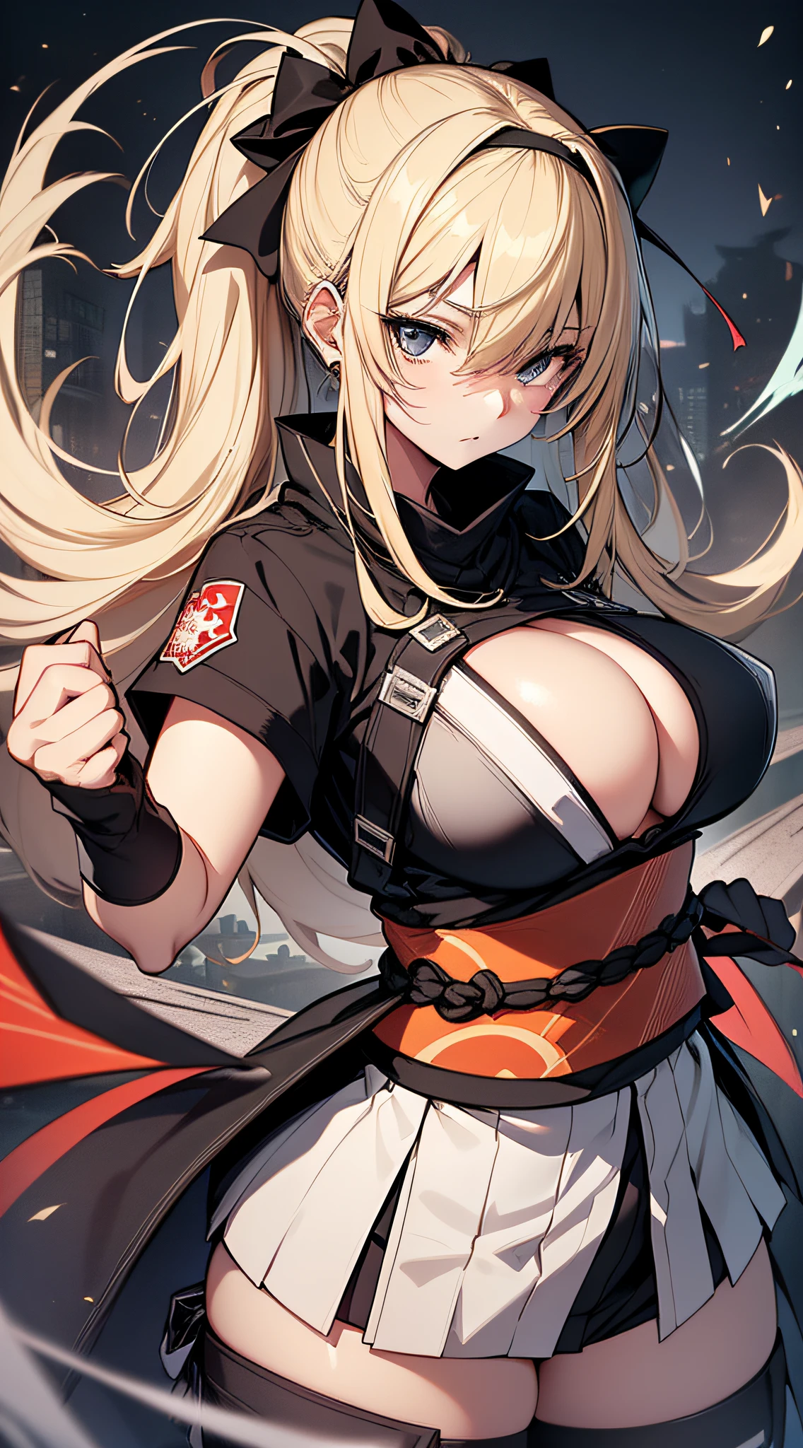 top-quality、Top image quality、​masterpiece、s girl((18year old、Black ninja uniform with short sleeves、Bust 85、a blond、poneyTail、Breasts wide open,You can see a large valley、Black eye、Strong eye power、Black Hachimaki、Get closer to your audience、Kamimei、Full of scratches、fighting poses)）hiquality、visualart、Background with((World of Japan、Black sky))、