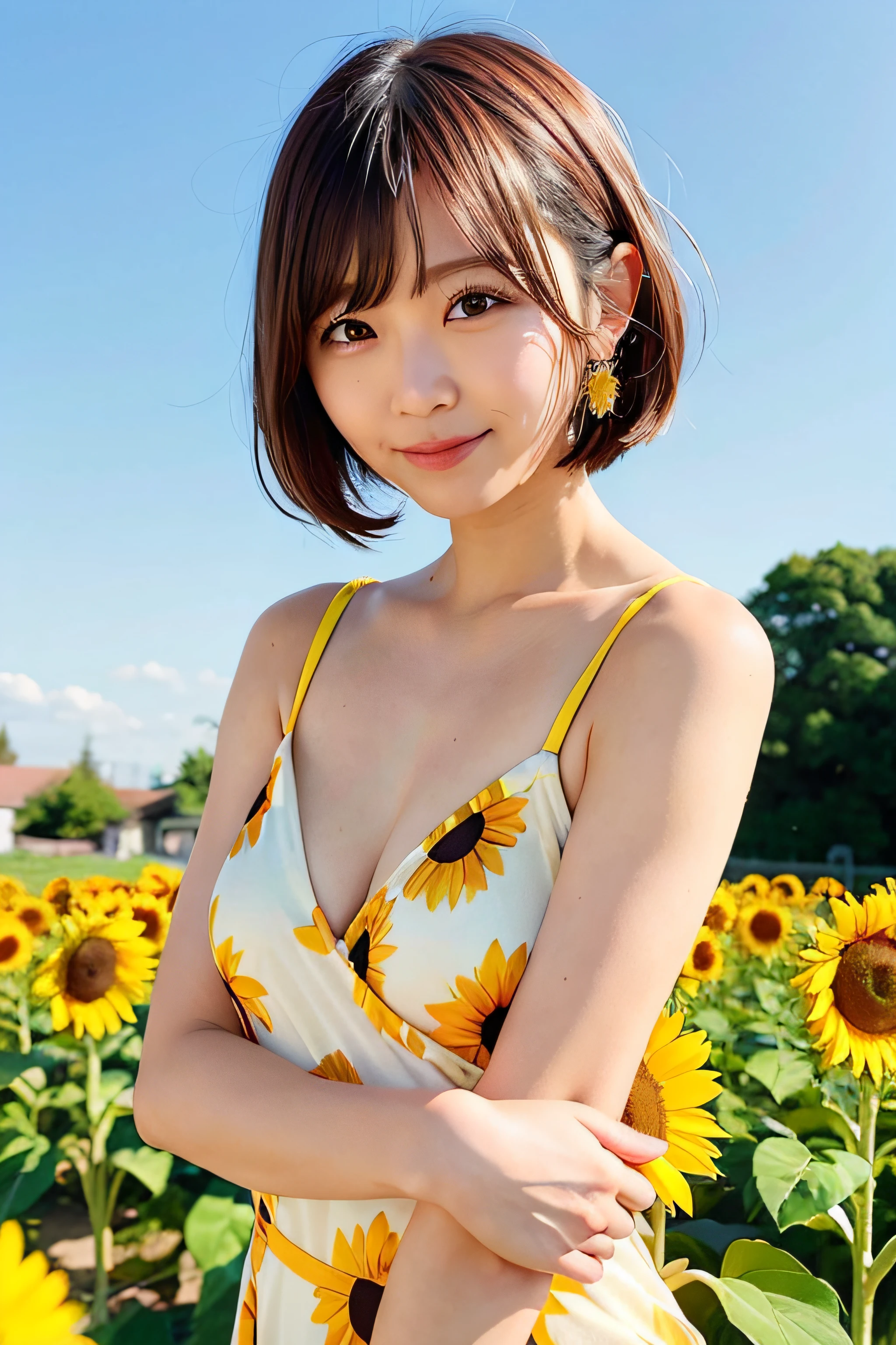 Woman posing in sunflower field wearing sunflower pattern dress、top-quality、女の子 1 人、tiny chest、tag、with light glowing、Blur background、bokeh dof、outside of house、(street:0.8)、Water-colored suit、a gorgeous(short-hair、forehead:1.2)、Beautiful sky with details、耳Nipple Ring、 (The upper part of the body:0.8)、Soft lighting、the wind、glowy skin、a smile、Thin waist、