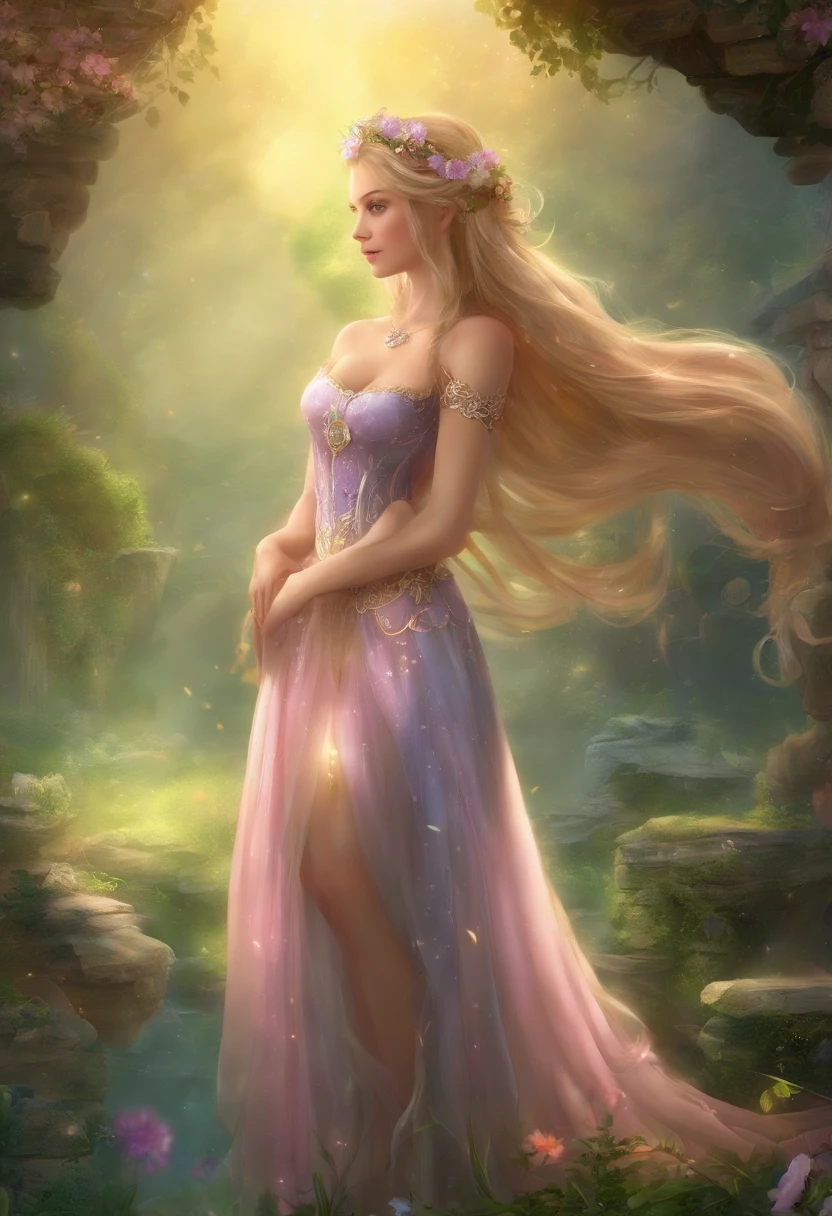 Rapunzel, (((topless))), stockings, ((best quality, 8K, Meisterwerk :1.3)), Scharfer Fokus :1.2, Körperkleid :1.1, Hochdetaillierte Gesichts- und Hautstruktur, topless, Garten, viele Details, detaillierter Hintergrund, mehr Details, photo, ultra realistisch