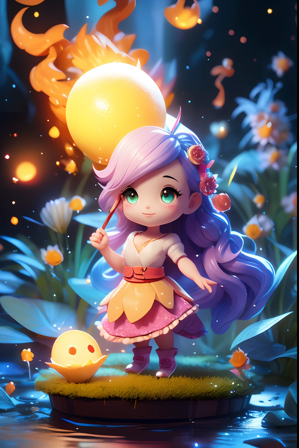 Digital Art,photoRealstic、 prety woman（nendroid）  、Rays around the woman（Fire Spirit, Water Spirit, Earth Spirit）, Making a fried egg in a pan,  bio luminescent、