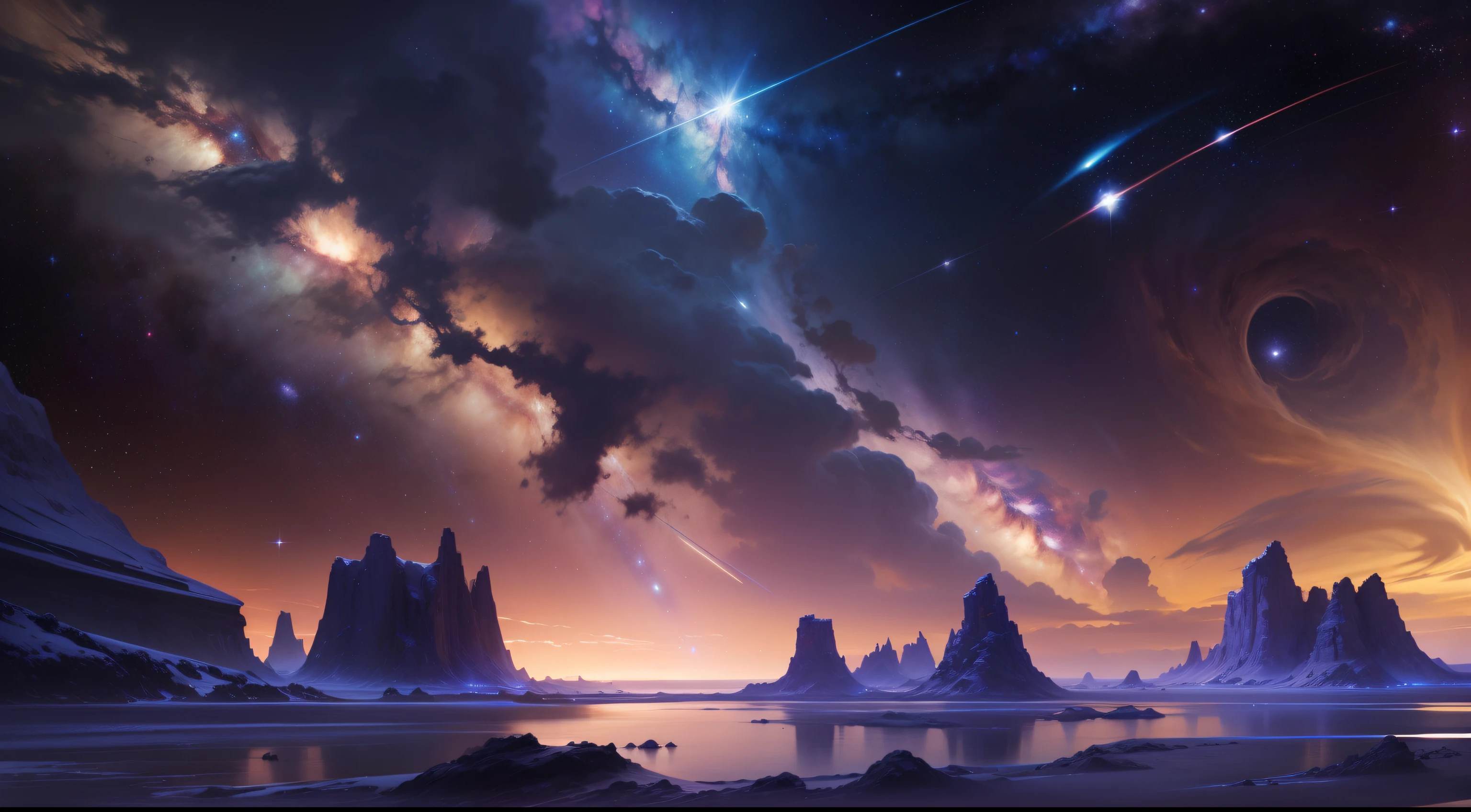 ((8K)) Starry sky with rivers and distant milky ways, galactic landscape, epic beautiful space scifi, cosmos sem fim no fundo, high detailed digital art, Space landscape，stellar，comets，Pillars of creation