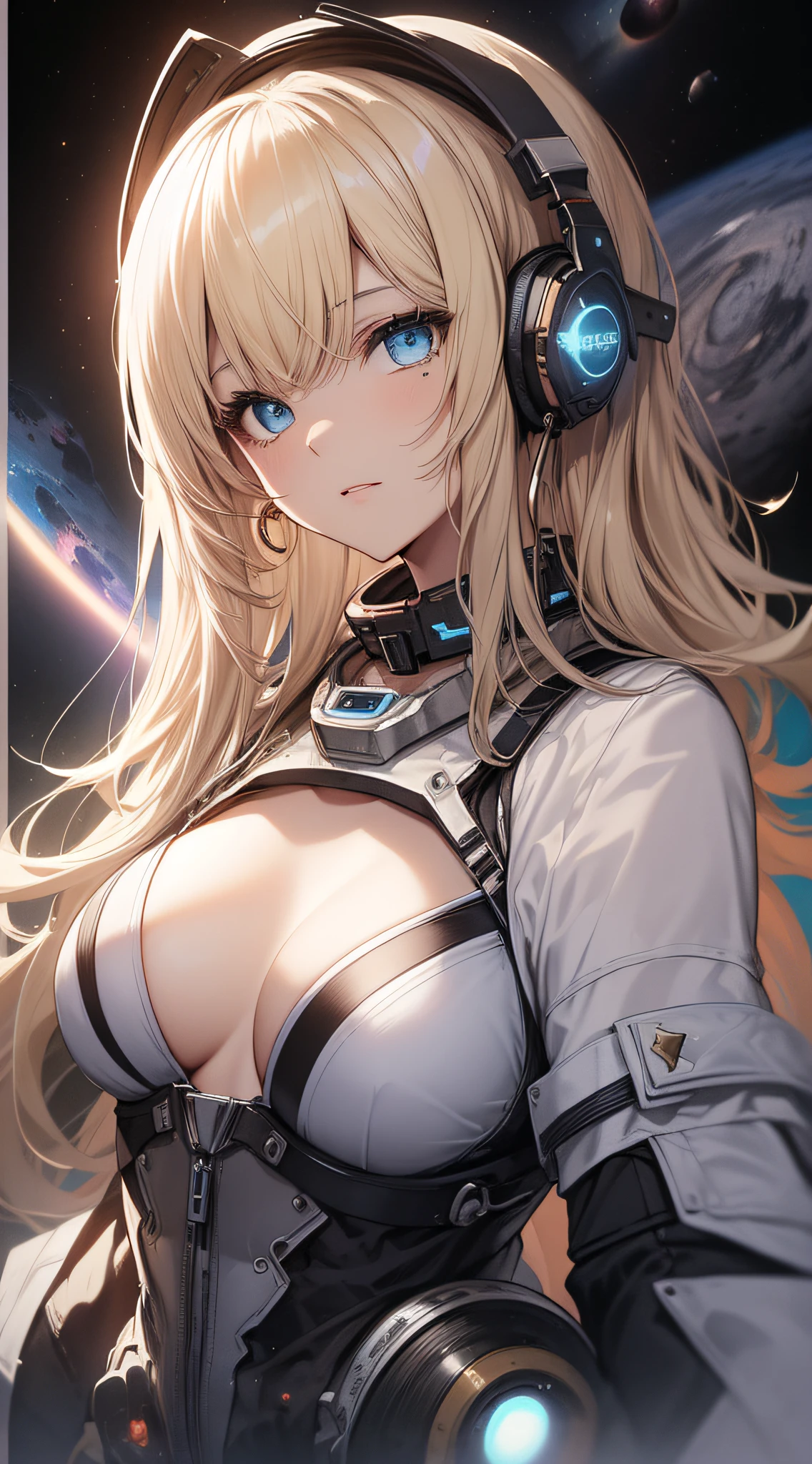 top-quality、Top image quality、​masterpiece、girl with((18year old、Love for space、Best Bust、Bust 85、a blond、poneyTail、,Beautiful blue eyes、open chest wide、Diamond earrings in the ears、Mechanical headphones,Reach out both hands、close to viewer)）hiquality、visualart、Background with((cosmic space))、Depth((black hole))