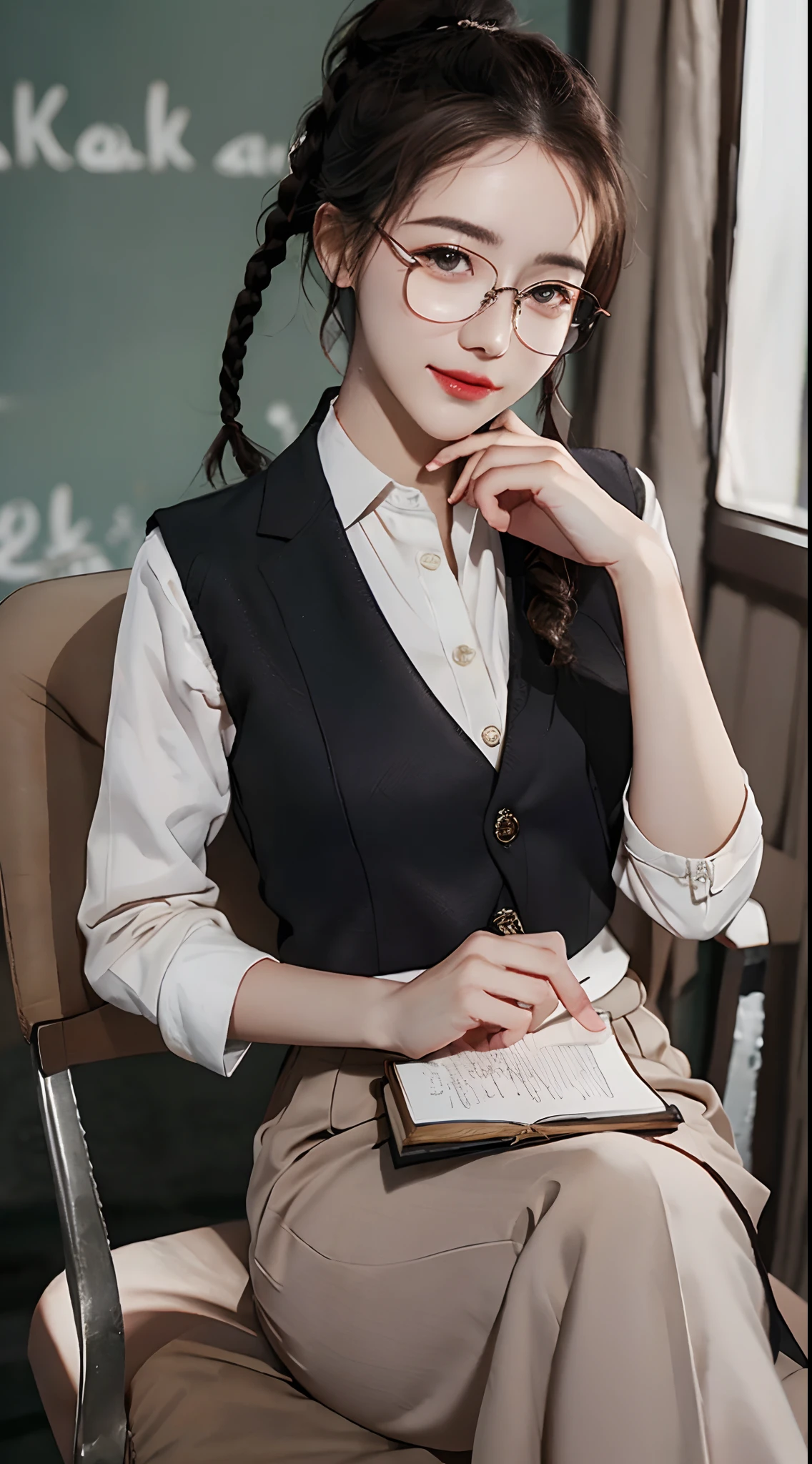 (Masterpiece, best qualtiy:1.3), (ultra detailed 8k cg:1.2), (Hyperrealistic:1.35), (Photorealistic:1.45), (Realistic:1.4), Cowboy shot, 1 Beautiful Japanese girl, 22 years old,hair braids,High ponytail,Short hair Metal-framed glasses, ssmile, tiese,(sit on chair:1.1), (school uniform:1.4), white shirt,Wool vest,Plaid skirts, (School classroom background:1.1),afternoon sunlight