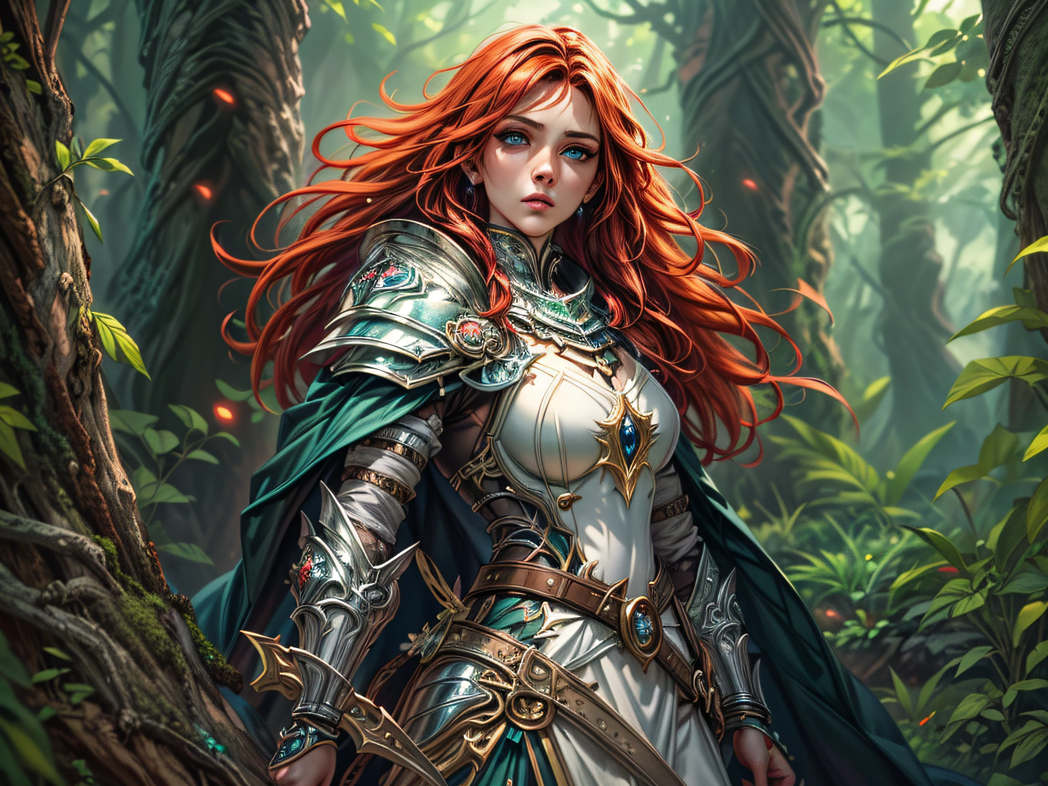 a picture of woman paladin of nature protecting the forest, controlling magical plants, tanjoreai, a woman holy knight, protector of nature, red hair, long hair, full body (best details, Masterpiece, best quality :1.5), ultra detailed face (best details, Masterpiece, best quality :1.5), ultra feminine (best details, Masterpiece, best quality :1.5), red hair, long hair, braided hair, pale skin, blue eyes, intense eyes, wearying heavy armor, white armor (best details, Masterpiece, best quality :1.5), green cloak, flowing cloak, armed with a sword, glowing sword fantasysword sword, fantasy forest background, D&D art, RPG art, fantasy art, magical atmosphere magic-fantasy-forest, ultra best realistic, best details, best quality, 16k, [ultra detailed], masterpiece, best quality, (extremely detailed), ultra wide shot, photorealistic, depth of field, hyper realistic painting, illustrated