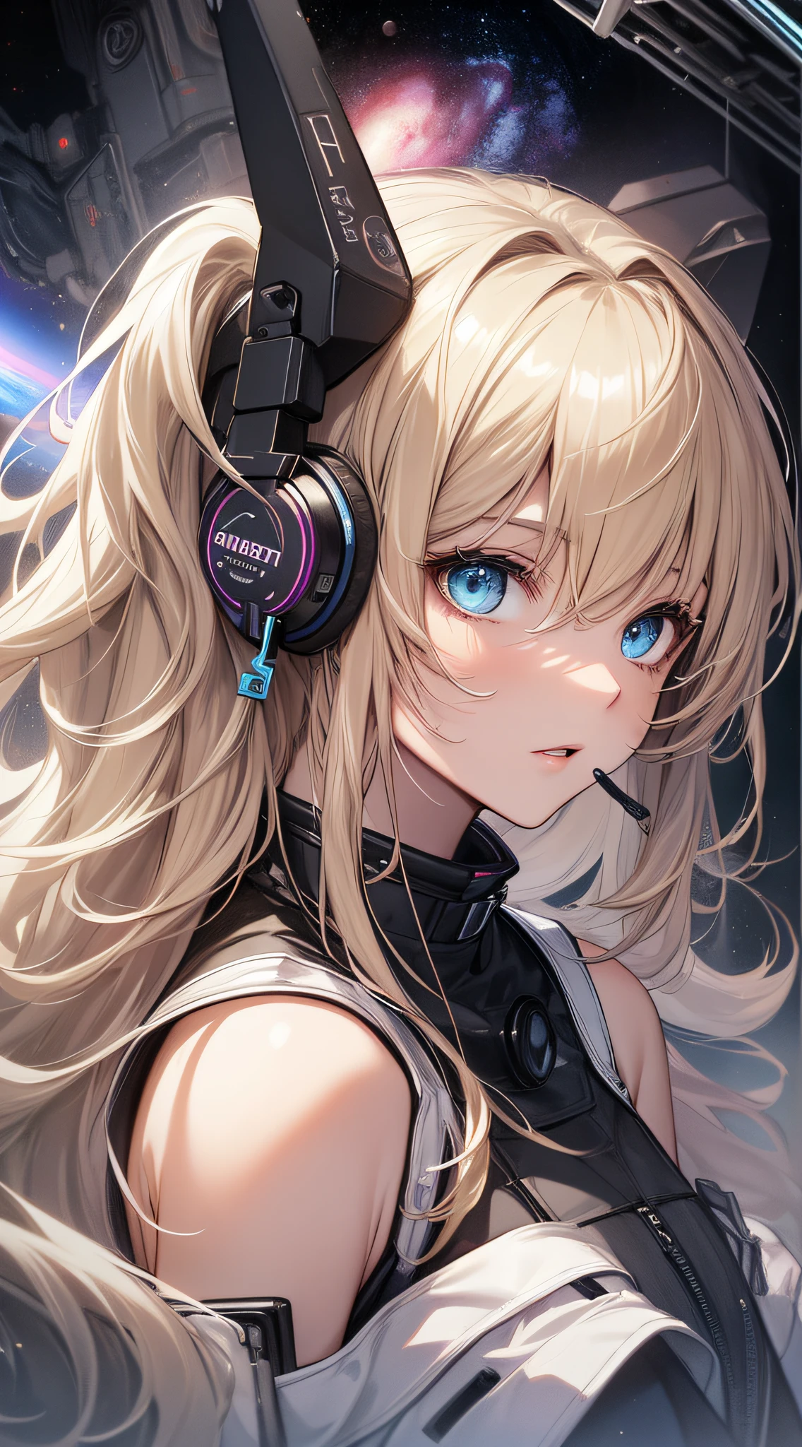 top-quality、Top image quality、masterpiece、girl with((18year old、Love for space、Best Bust、Bust 85、a blond、poneyTail、,Beautiful blue eyes、open chest wide、Diamond earrings in the ears、Mechanical headphones,Reach out both hands、close to viewer))hiquality、visualart、Background with((cosmic space))、Depth((black hole))