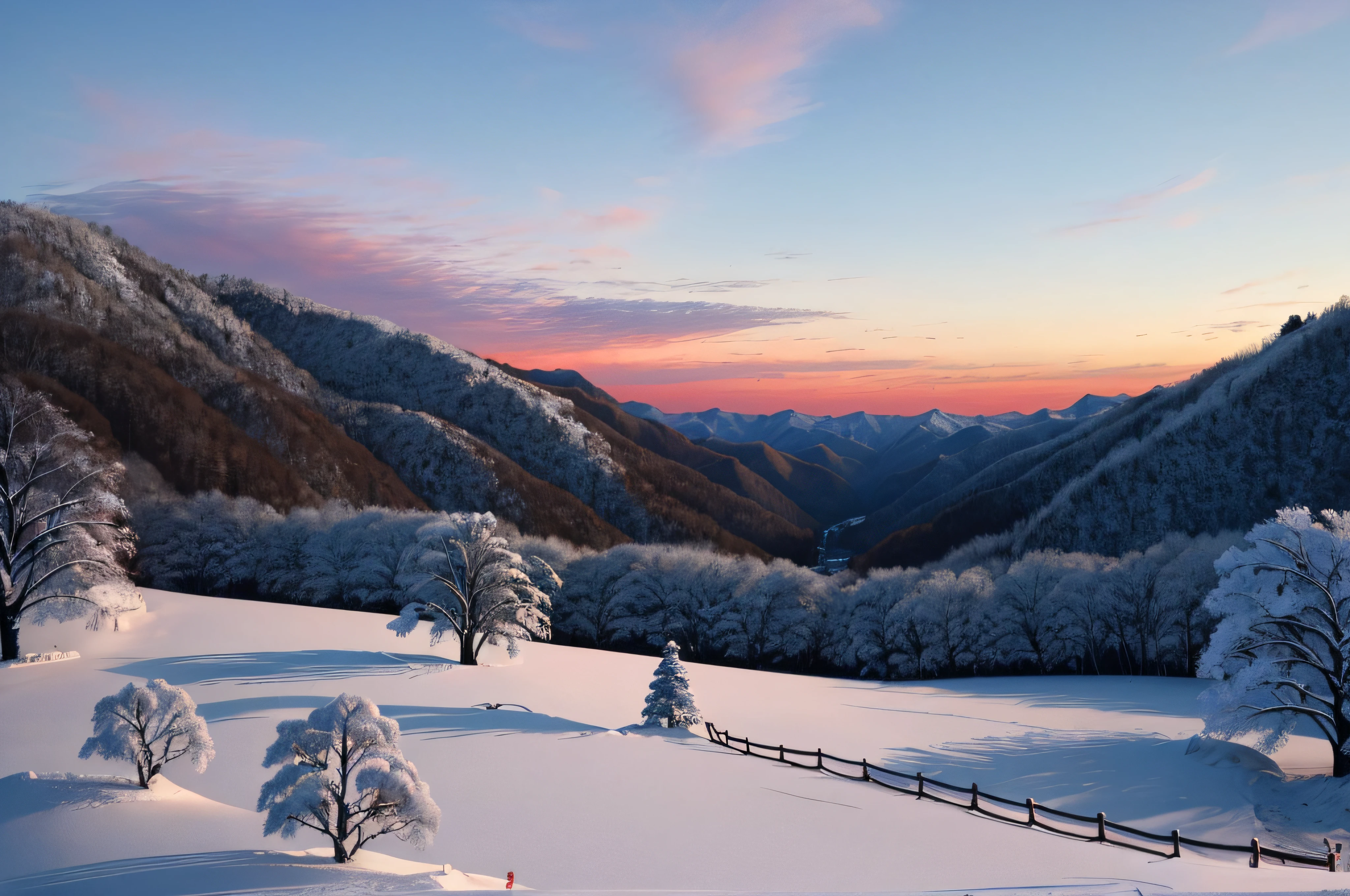 Reddish winter sky、snowscape、Winters、yuki、landscapes