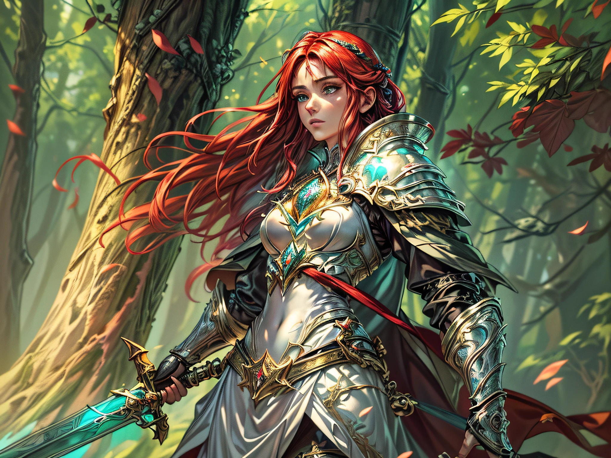 a picture of woman paladin of nature protecting the forest, controlling magical plants, tanjoreai, a woman holy knight, protector of nature, red hair, long hair, full body (best details, Masterpiece, best quality :1.5), ultra detailed face (best details, Masterpiece, best quality :1.5), ultra feminine (best details, Masterpiece, best quality :1.5), red hair, long hair, braided hair, pale skin, blue eyes, intense eyes, wearying heavy armor, white armor (best details, Masterpiece, best quality :1.5), green cloak, flowing cloak, armed with a sword, glowing sword fantasysword sword, fantasy forest background, D&D art, RPG art, fantasy art, magical atmosphere magic-fantasy-forest, ultra best realistic, best details, best quality, 16k, [ultra detailed], masterpiece, best quality, (extremely detailed), ultra wide shot, photorealistic, depth of field, hyper realistic painting, illustrated