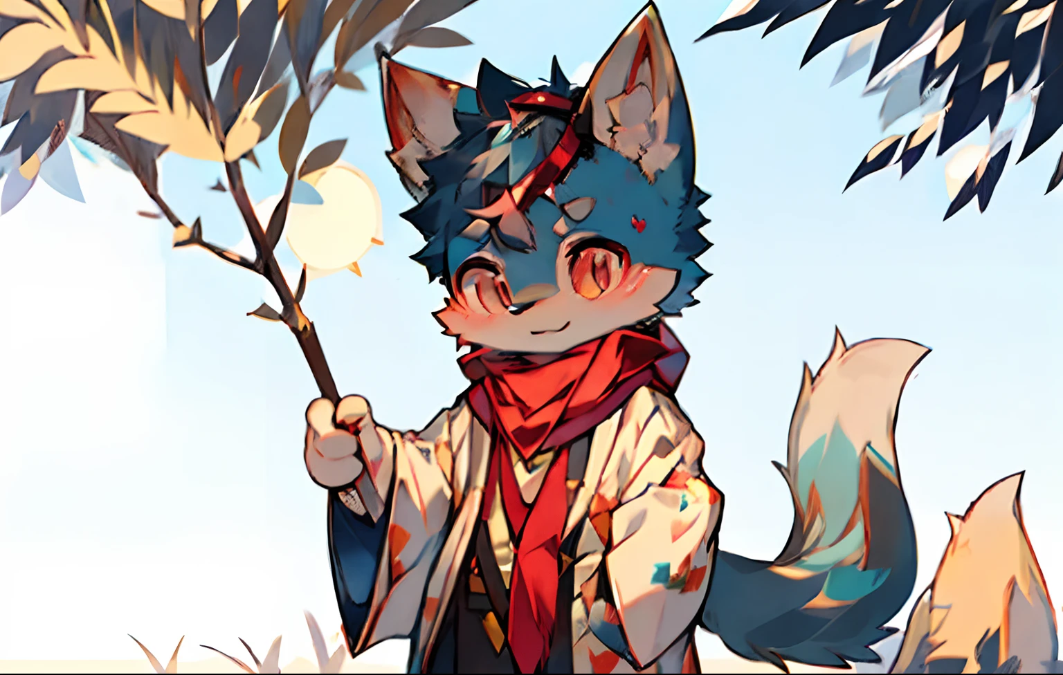 White fur,Princess Snow White,Cat ears,fox tails,Three tails, Red pupils,Little bell,Sweet smile,sun shining,Cute Boy,Baby-like face, Blue hair, Komono, I wear a scarf around my neck, I'm wearing a kimono, appearance々There is an expression that, Standing figure, full body Esbian,
