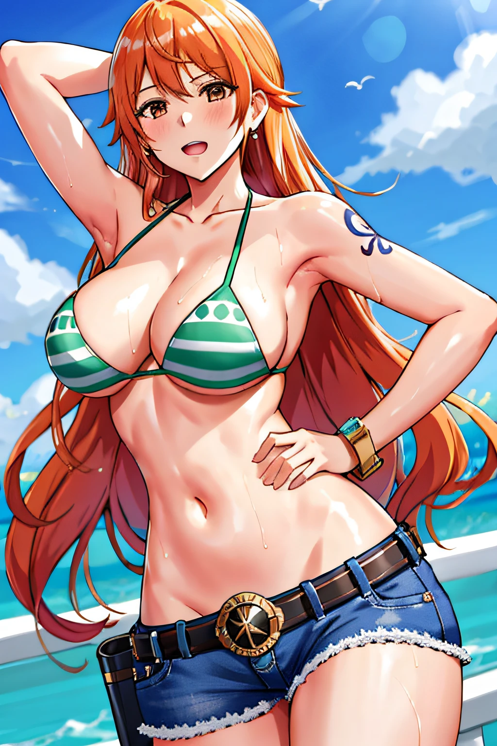Detailed background, masutepiece, 4K, epicd, Best Quality, Late youth, Adult, Wrestler Body, Strong, 1girl in, Active, Energetic, (large mouth) , Solo, Nami \(One piece\), 1girl in, bangle, (Very wet, Drenched in sweat, sweat all over, very wet hair, Tired, Open mouth, Exhausted, Shouting, Sweaty face, Sweaty body, too sweat, shiny sweat, leaning, Hands on hips, Serious, Glaring, Open eyes, Perfect detailed face, Round face, Sweat on Face) bold drawing lines, Muscular arms, Detailed bold arm lines, Flat jaw, Adult Woman, bangs with wavy broad stripes,, Floating Van, (Big cheeks), Bare shoulders, off shoulders, Belt bag, bikini of, bikini top only, Blue sky, Bracelet, elastic breasts, Chest line, large round eyes, very large brown shiny eyes,, Bubbles, High eye position, cleavage, cloud, day, denim, earrings, Floating hair, Shiny hair, Green belt, Green Bikini, Bold groin line, jeans, Jewelry, medium breasts, Log Pose, Long hair, Looking at Viewer, large navel, Wet hair, Orange hair, Pants, Tattoos on the shoulder, side locks, skyporn, Solo, Standing, Stomach, Swimsuit, The tattoo , Looking at Viewer, Open mouth, Detailed left arm, large forehead, an hourglass figure, small head, Toned body, wide hair, Wind-effect, Solar effect, Under the sun, narrow small ear angle,, Older, Random Poses,Sexy Waist, sexy hips, perfect leg, thighs gap, The bust is ridiculously large，[ 4 k digital art ]