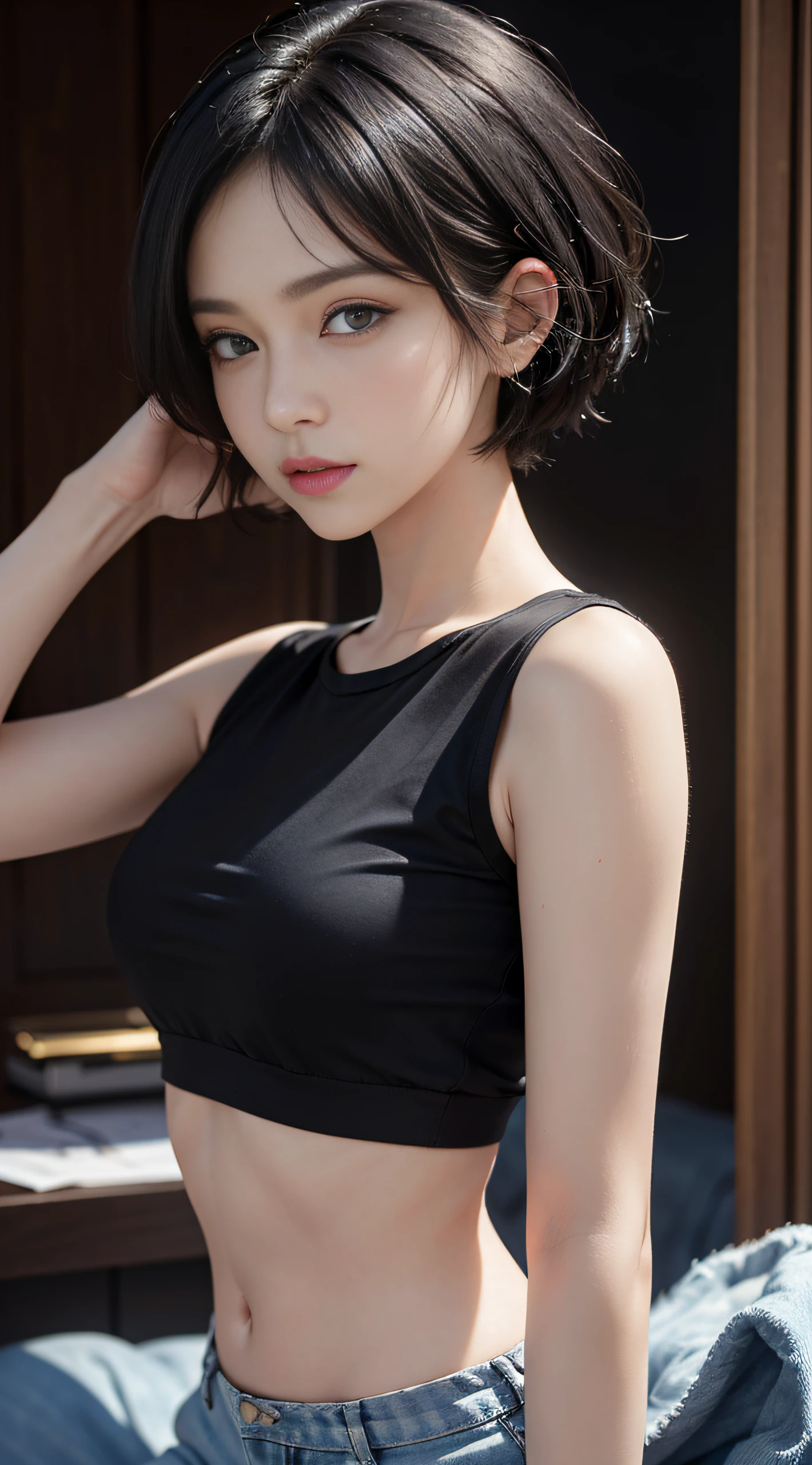 (masterpiece:1.3), (8k, photorealistic, RAW photo, best quality: 1.4), (1girl), beautiful face, (realistic face), (black hair, short hair:1.3), Nice hairstyle,photorealistic eye,Nice detail eyes,(Realistic skin),Beautiful skins,(Crop top blue T-shirt),enticing,超高分辨率,Ultra photo realsisim,The is very detailed,the golden ratio