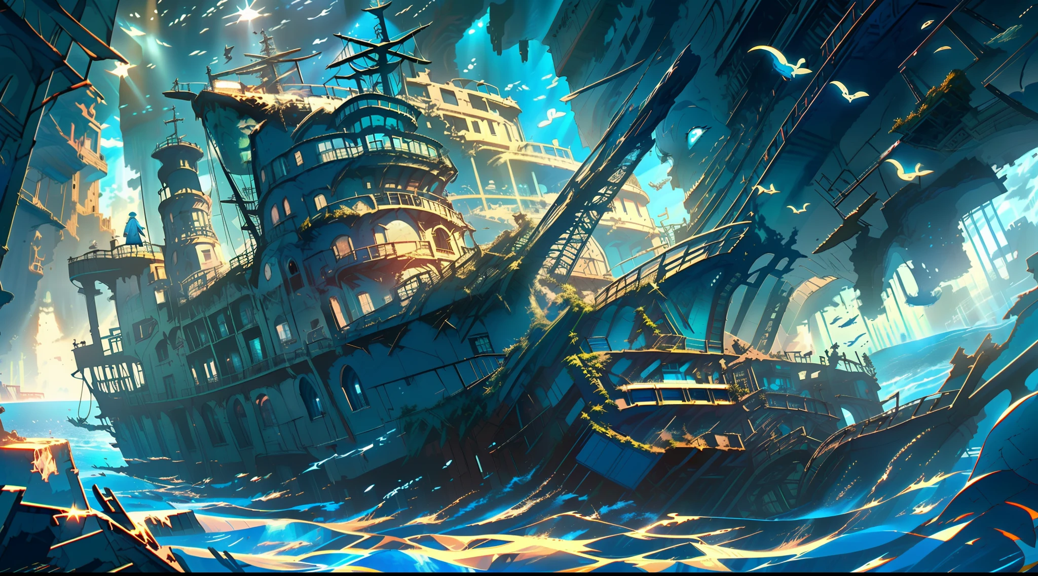 (Deep blue sea:1.5),(//Dilapidated ghost ship:1.3//)+(A giant ship that sinks to the bottom of the sea:1.3),Schools of glowing fish,Schools of sardines swimming,Green seaweed。Cold and lonely,Solitude,darkly,Shipwreck remains,8k,UHD, retina, anatomically correct, textured skin, super detail, best quality, highres,(Extremely popular illustration wallpaper),((Mysterious ruins of Atlantis:1.2)),(Underwater game scenes),Super detailed grain details,((A ray of sunlight shining from the sky:1.3)+(//Right light source,Left shadow:1.6//)),midjourney,