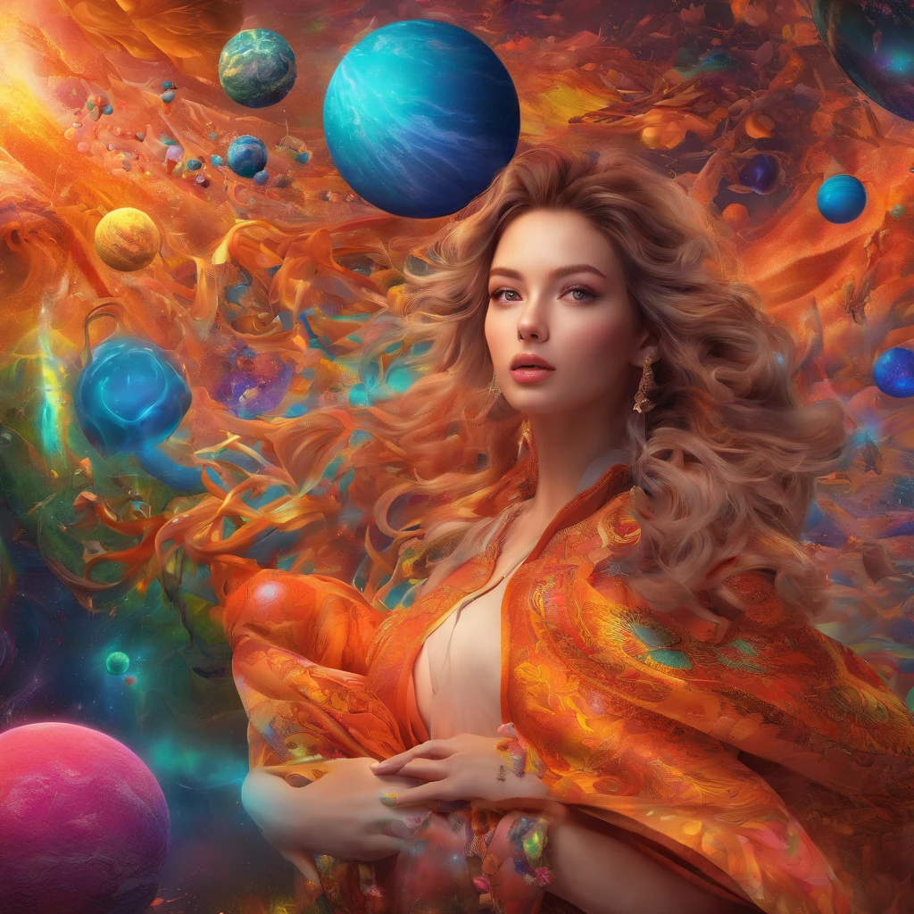 ((Best Quality, 8K, masutepiece :1.3)), 1girl in, Beautiful woman: 1.3, Beautiful face, Sensual body position, showing butt, Woman with full body horizontal, Saturated colors, psychedelic image, nffsw, mandalas, fractral, The costume, The tattoo, Painted body, bride, Slouching body, Art similar to Alex Gray's art, Lots of color saturation, Woman, vortex, A hyper-realistic, planet earth, burning, Galaxy --auto --s2