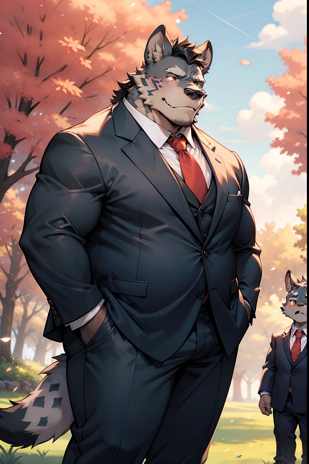 Orc creatures in suits，Has the unique characteristics of male hyenas，Has lead-gray fur. It is short in stature，musculous. Stand under the silver maple tree，Under the light of the setting sun.frontage，Be red in the face，Small stature，Rich in muscle，A little obese，full bodyesbian，adolable，Tsundere