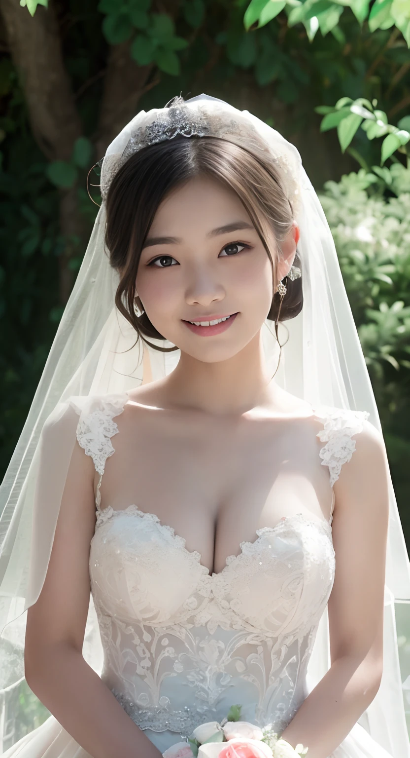 (top-quality、masterpiece:1.2)、Best Quality、realisitic、photoshot、hight resolution、1080p、8K、Textured skin、Physical Rendering、1 Japan Girls、a 、kawaii、Young Face、Rolled hair、(weddingdress:1.5)、stain glass、chies、full of shyness、smil、Colossal tits