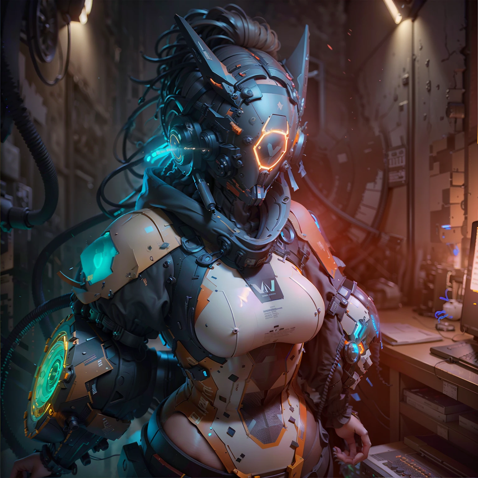 ((Best quality)), ((masterpiece)), (highly detailed:1.3), 3D,rfktr_technotrex, beautiful cyberpunk woman with voluminous hair,(wearing head-mounted display that is chunky and hi-tech:1.2),hacking a computer terminal, computer servers, LCD screens, fiber optic cables, corporate logos (High Dynamic Range),Ray Tracing, NVIDIA RTX, Super-Resolution,Unreal 5,Subsurface scattering Texturing, Post-processing, Anisotropic Filtering,Depth-of-field,Maximum clarity and sharpness,Multi-layered textures, Albedo and Specular maps, Surface shading, Accurate simulation of light-material interaction, Perfect proportions, Octane Render,Two-tone lighting, Low ISO, White balance, Rule of Thirds, Wide aperature,8K RAW, Efficient Sub-Pixel,sub-pixel convolution, luminescent particles, light scattering, Tyndall effect