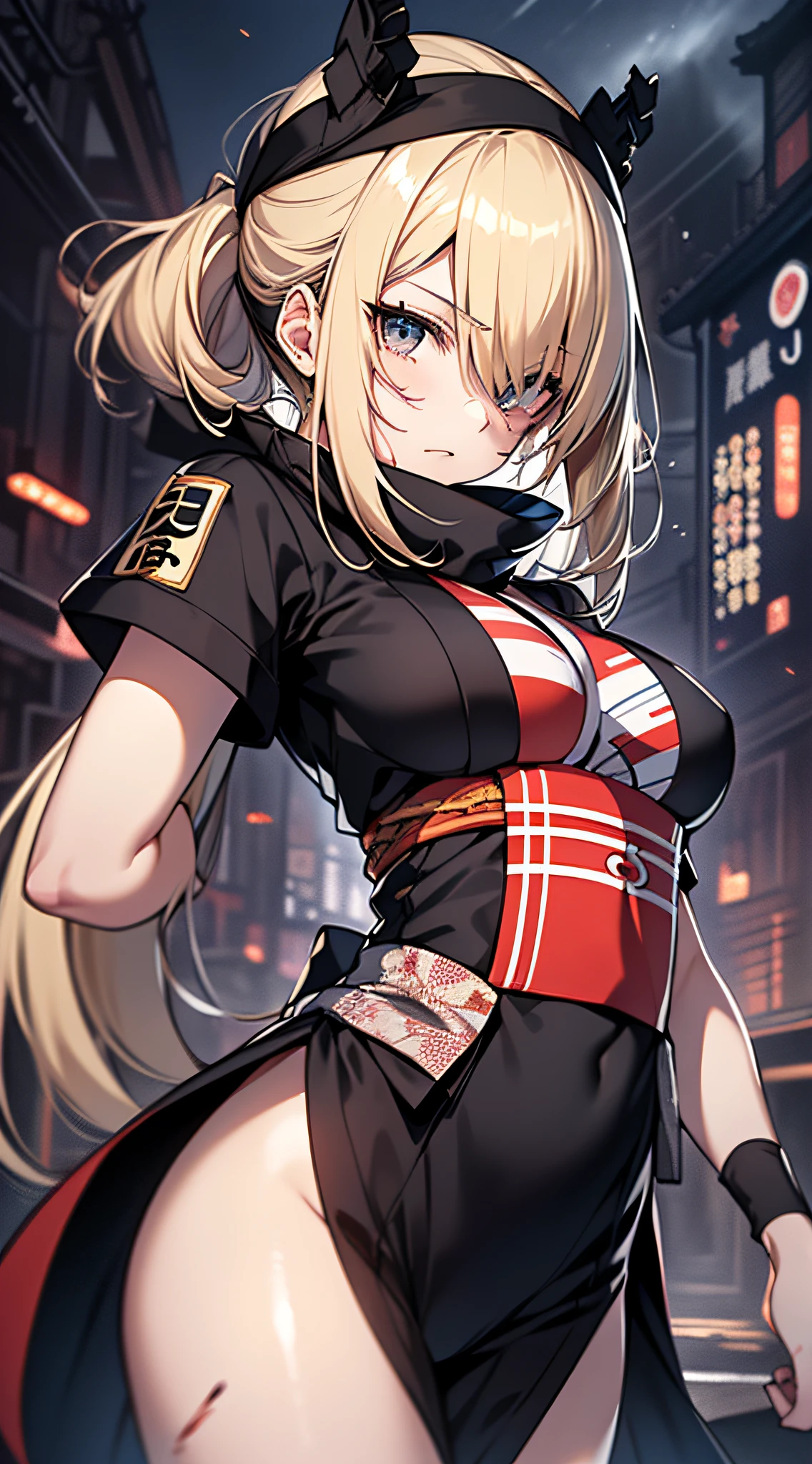 top-quality、Top image quality、​masterpiece、teens girl((18year old、Black ninja uniform with short sleeves、Bust 80、a blond、poneyTail、Breasts wide open,valley、Black eye、Strong eye power、Black Hachimaki、Get closer to your audience、Kamimei、Full of wounds all over the body、fighting poses)）hiquality、visualart、Background with((World of Japan、Black sky))、