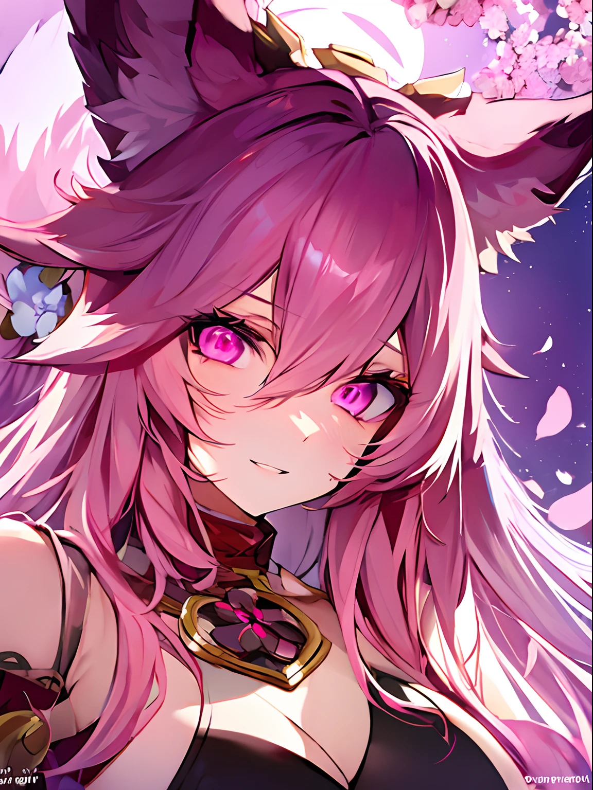Top Quality, Beauty and Aesthetics, Very Detailed, Detailed Face and Eyes,anime, 1 Girl, Fox Ears, large Tits, Tail,fox girl,longhair,hair color pink,pink eyes,wearing a kimeno,