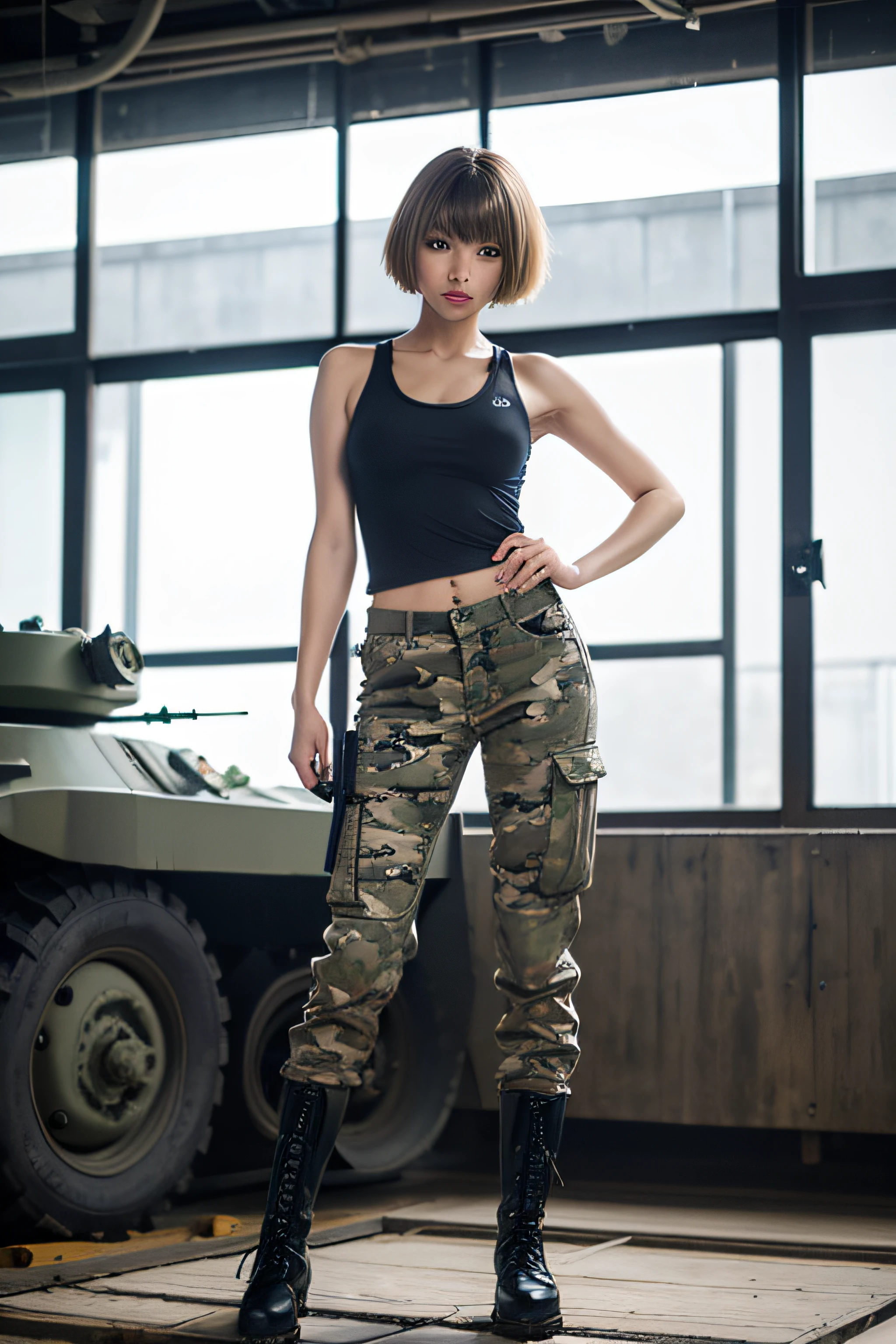 zydG, 1girl, More skin, toView, brown-eyed, (Shorthair with bangs:1.2), (middlebreast:1.0), (medium areolae:0.8), (Top image quality:1.0), (超A high resolution:1.0), 8K, RAW Photography, (masterpiece:0.2),、Camouflage Tank Top、Cargo pants、a blond、Blonde shorthair、blue eyess、Military boots、Woman Standing With Machine Gun、jungles