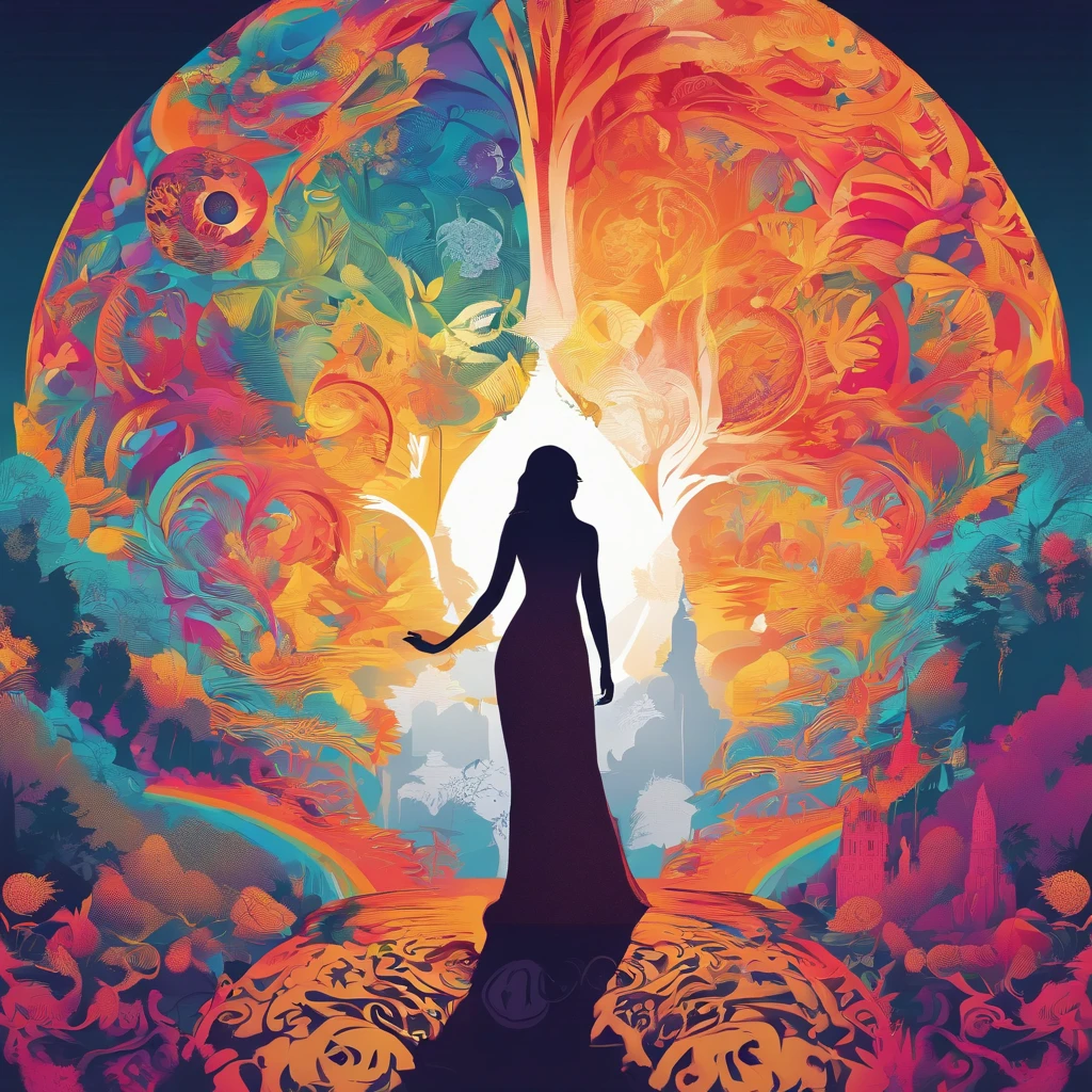 Create a woodcut style image digital art surreal art that depicts a mystical figure with divine characteristics, a, symbolizing control and harmony with the universe. Use a vibrant color palette, including blue, oranges and whites, to create heavenly contrast and a stunning visual effect