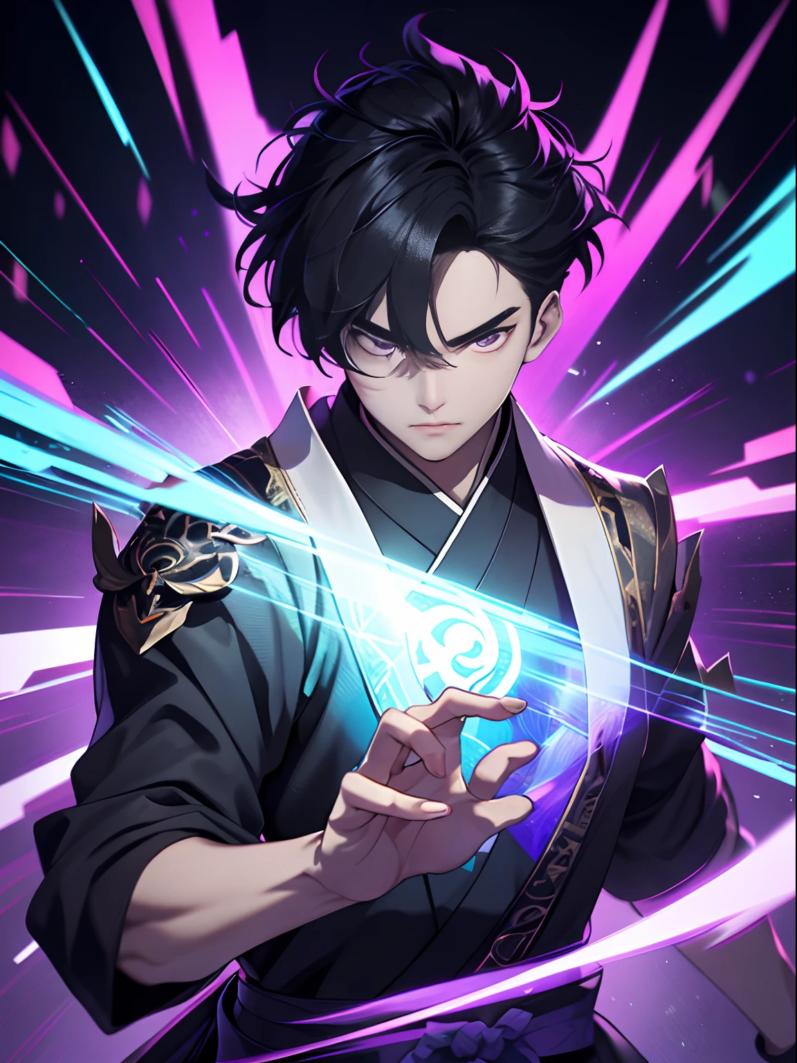 A handsome Chinese boy, half-body, fighting posture, sharp eyes, clear facial features, wearing Hanfu, body surrounded by black and purple mist, runes around, holographic reality, holographic halo, motion blur, game light effects, edge light, soft light, movie edge light, delicate light