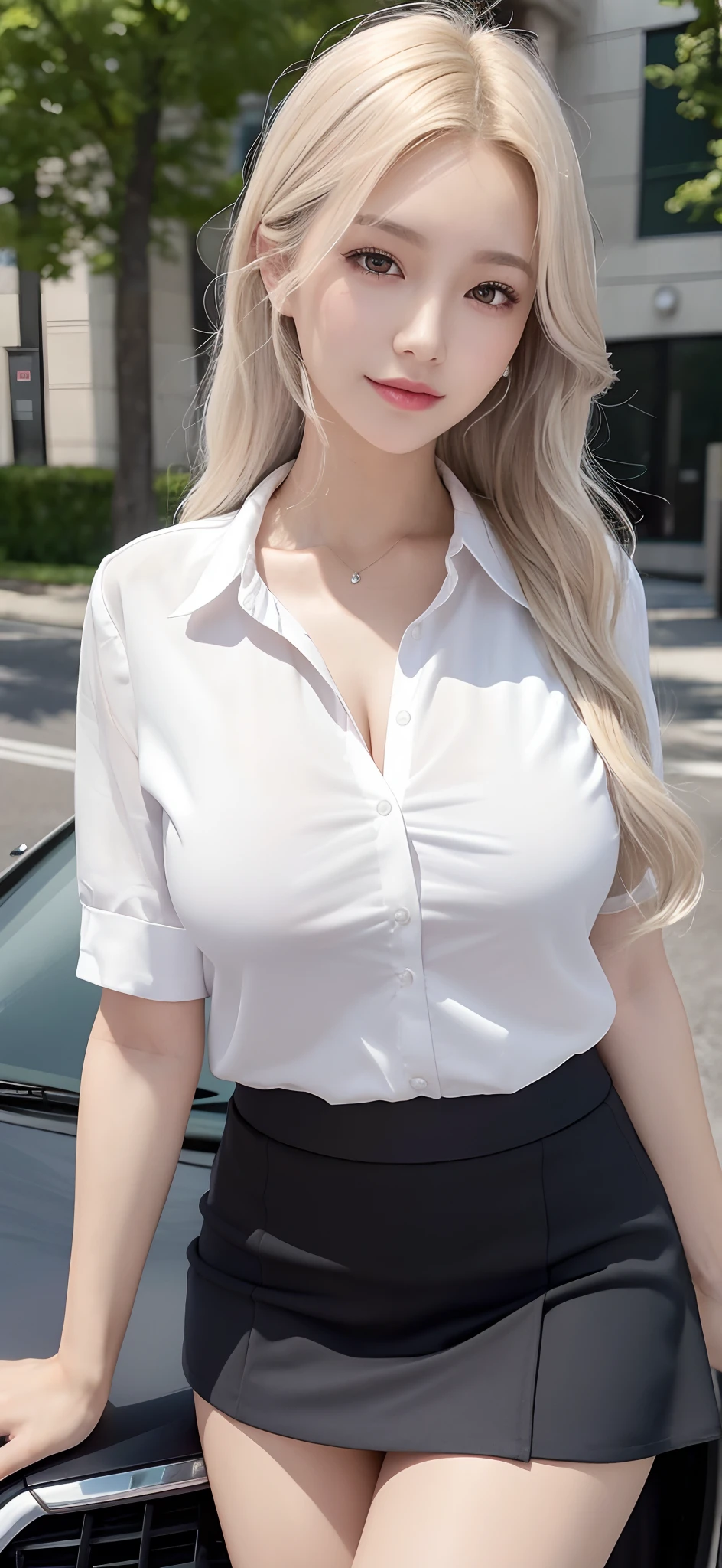 (1 Pretty girl), big breasts,  breasts, tan, dewy skin, sweaty skin, wavy blonde hair, silver light hair, office wear,   White shirt, short mini skirt (black), ((pantyhose)), showroom car, super detailed car, punk girl, transparent, smiling, open shirt show nipples, spreads legs, open legs show vagina, Long legs, detailed legs