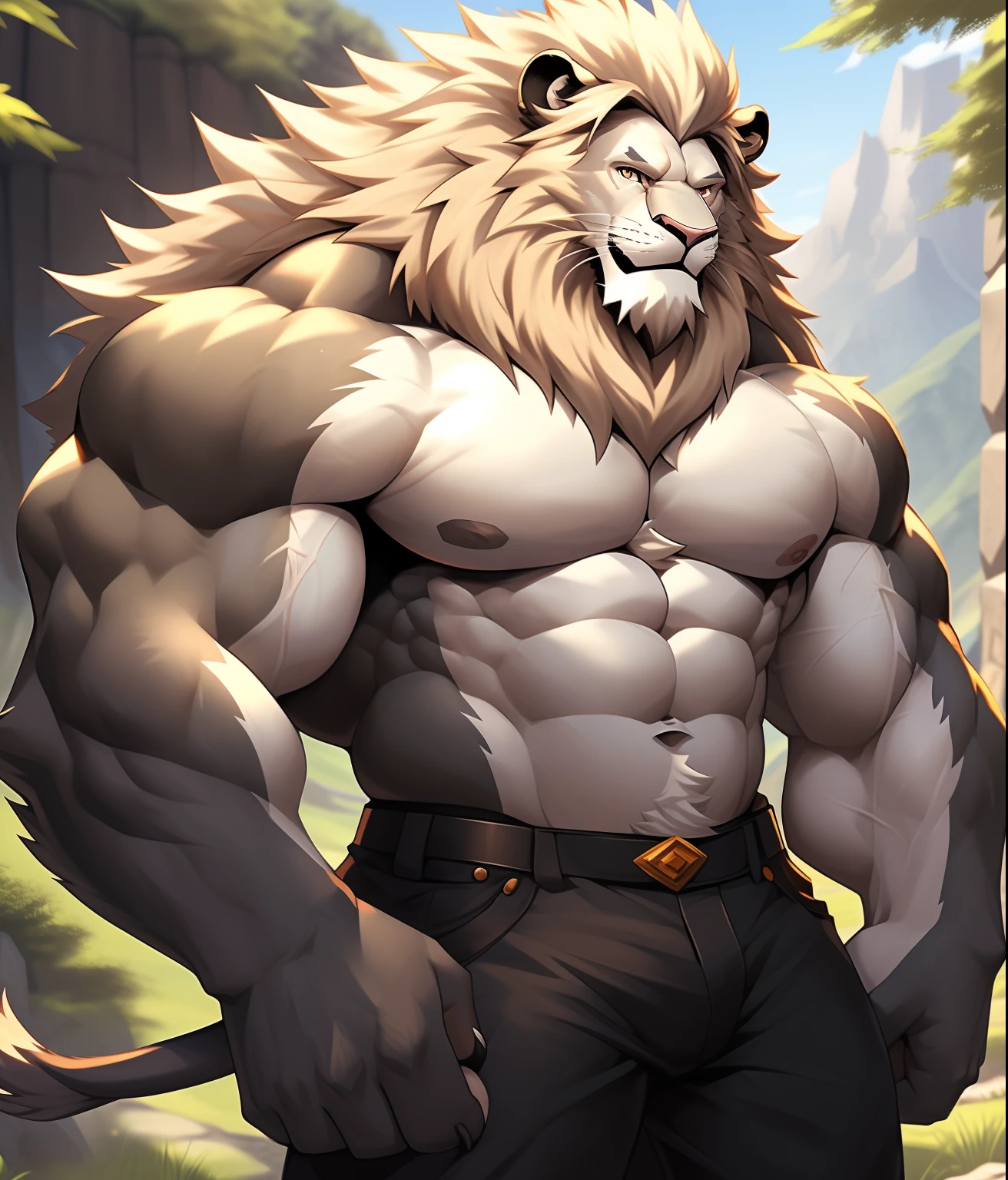 nj5furry, (An albino lion, sin camisa, Torn muscles, Topless)), , Pelaje grueso que cubre la entrepierna, Pelaje blanco, ((cuerpo completo)) masculino, kemono, ((Sombras extremadamente realistas, Obra maestra, extremadamente detallado, fotorrealista), ((An albino lion)), pectorales masivos y muy musculosos, fuerte, macho maduro, postura de culturismo, carefree expression, sonrisa traviesa, sexy,  Cara detallada, guapo, enorme, cuerpo musculoso y masivo, pectorales abultados, abdominales musculosos, cintura estrecha, melena peinada hacia atras, pelo corto, nariz roja, ojos razules, protuberancia de la entrepierna, Mountain forest behind him. pantalones holgados negros con cinturon de tela sin hebilla.