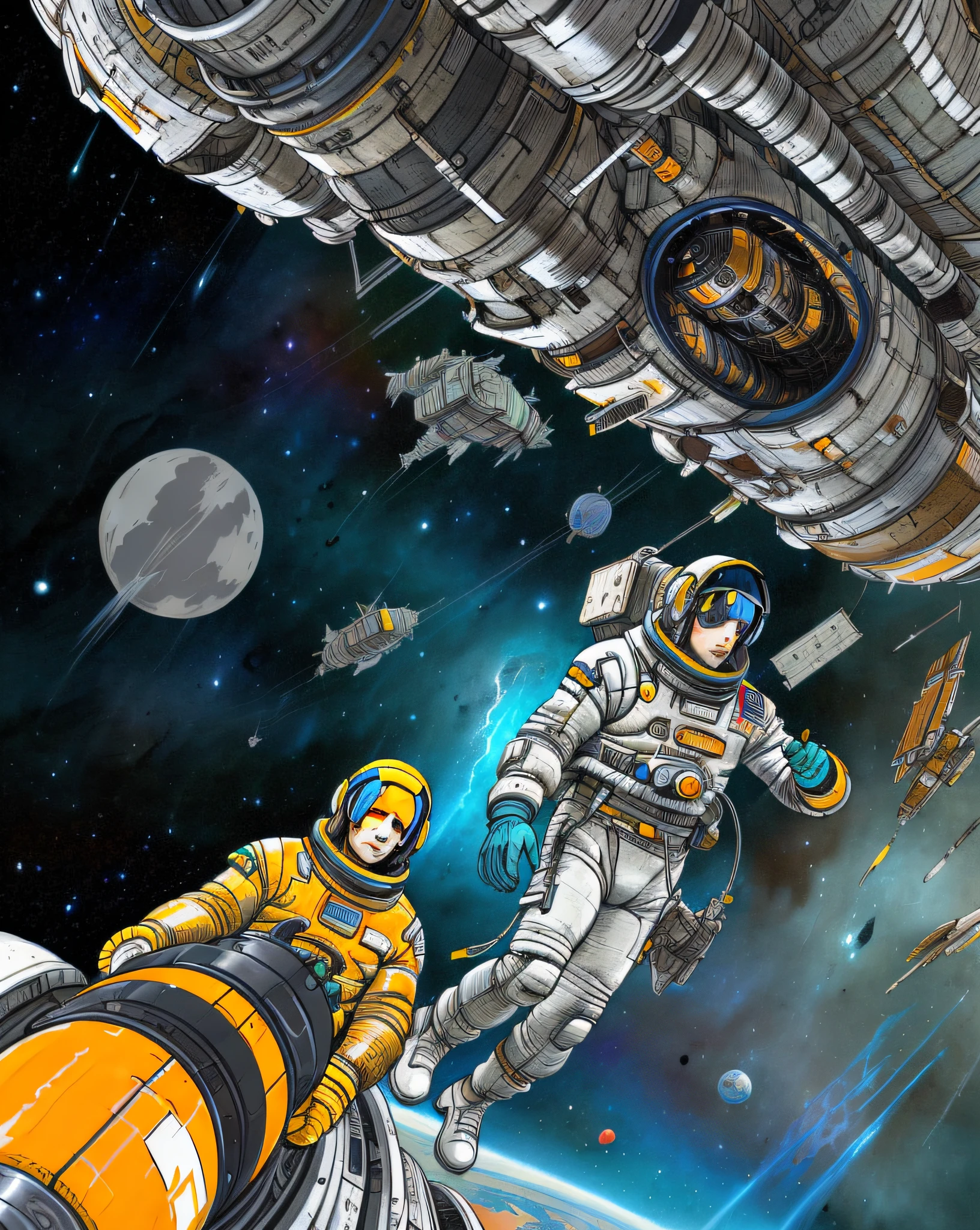 Astronaut in outer space with space station child, Mobile game art, space walk scene, spacewalk, space graphics art in background, full color digital illustration, Space travelling, detailed digital illustration, Commercial illustration, In space, scifi illustration, painting of a：Robot Jones, Mobile game background, big tech art style, The astronaut