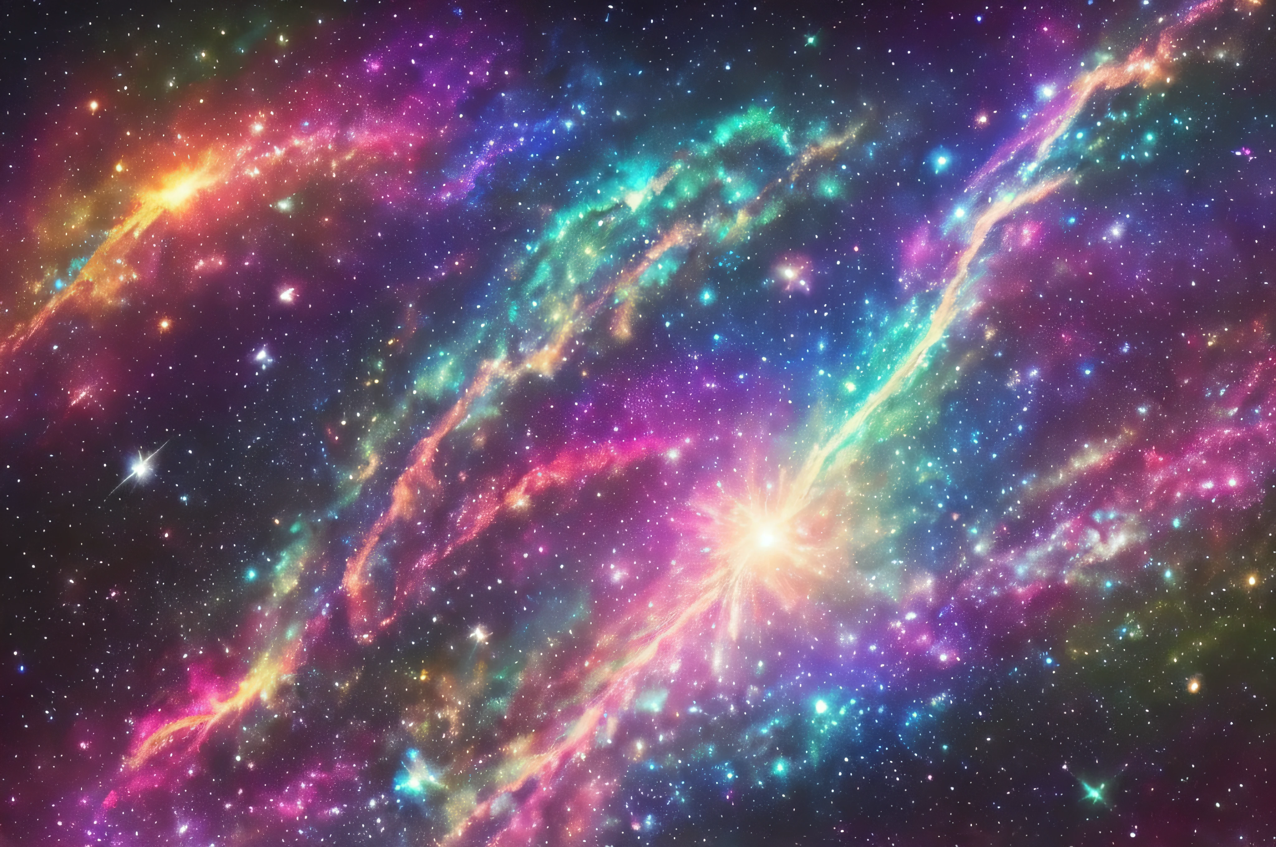 Galaxy、intergalactic、stele、nebulas、colourfull、Irridescent color、constellation、lightning bolt、thunderbolt、rainbows、Fractal Nebula chain, Um ser celestial, Vibrant and vivid, swirls, whirling, unreal、Symbol of God、magia、A hyper-realistic、colourfull