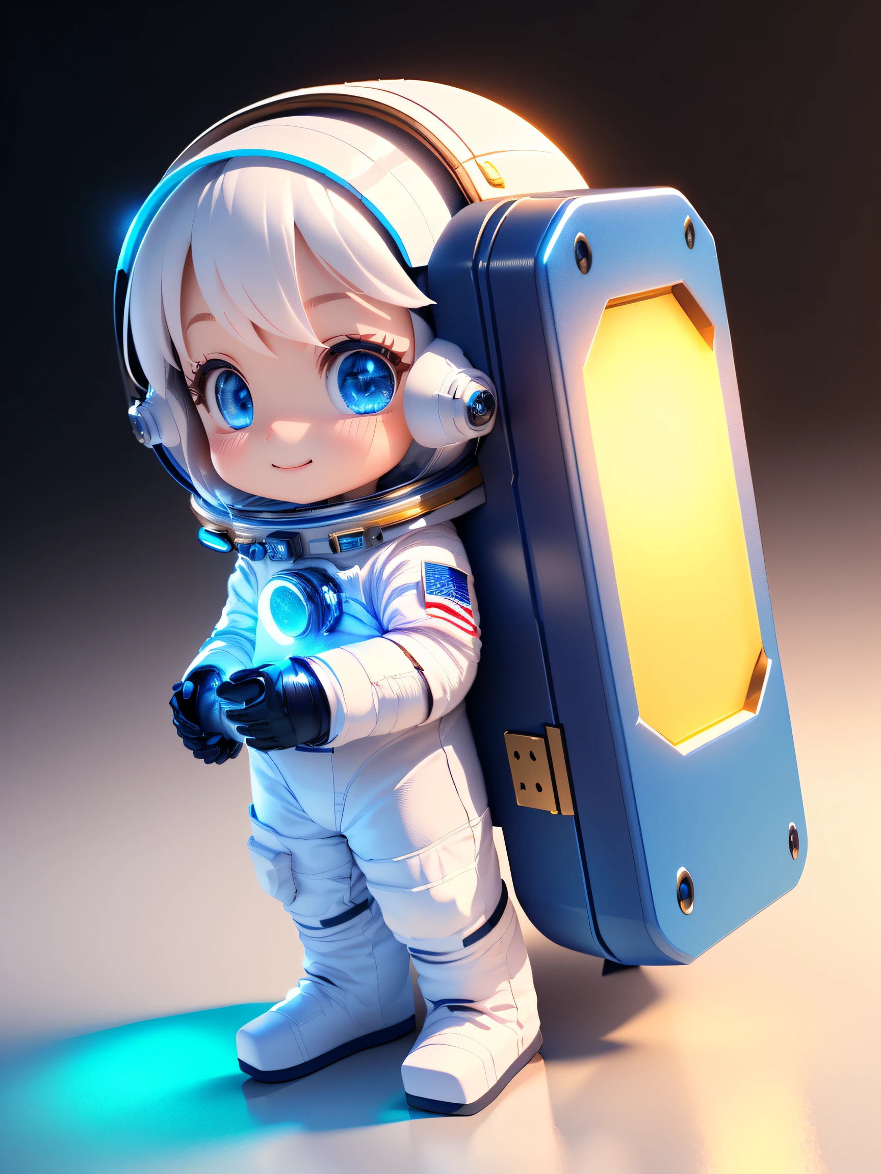 Super cute girl full body 3D picture, 1pc, good looking eyes, big eyes, cute, happy, c4d, pop matt blind box, white long hair, glowing bubbles, toys, solid color background, chibi, fluorescent translucency, luminous body, kawaii, doll, (((astronaut, spacesuit))), reference table, pop mart blind box, Pixar, complex details, 3d rendering, blender, OC renderer, fol body reference sheet, Dribble, High Details, 8K, Studio Lighting, Loli, Petite, Child, Chibi, SD characters: 1.1, Magic Space Warehouse background